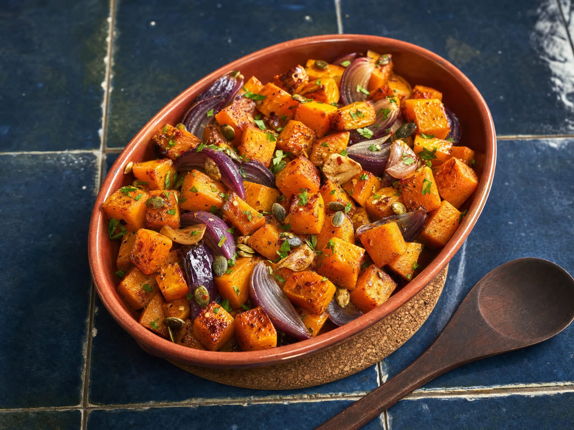 Butternuss-Kürbisgemüse aus dem Ofen mit Kürbiskernen Rezeptfoto Butternuss-Kürbisgemüse aus dem Ofen mit Kürbiskernen fertig angerichtet