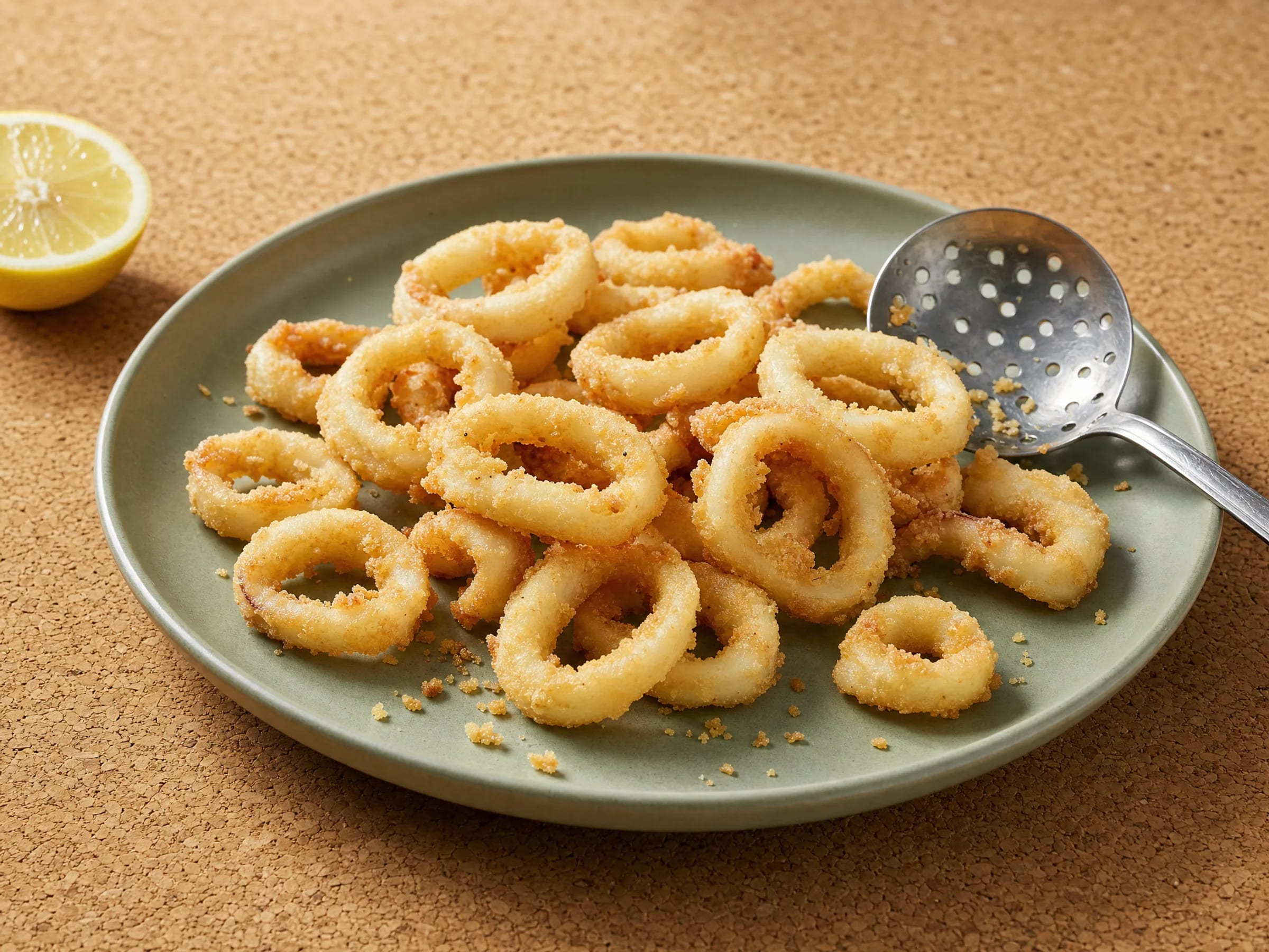 Calamari fritti mit dünner Mehl-Stärke-Panade Rezeptfoto Calamari fritti mit dünner Mehl-Stärke-Panade fertig angerichtet