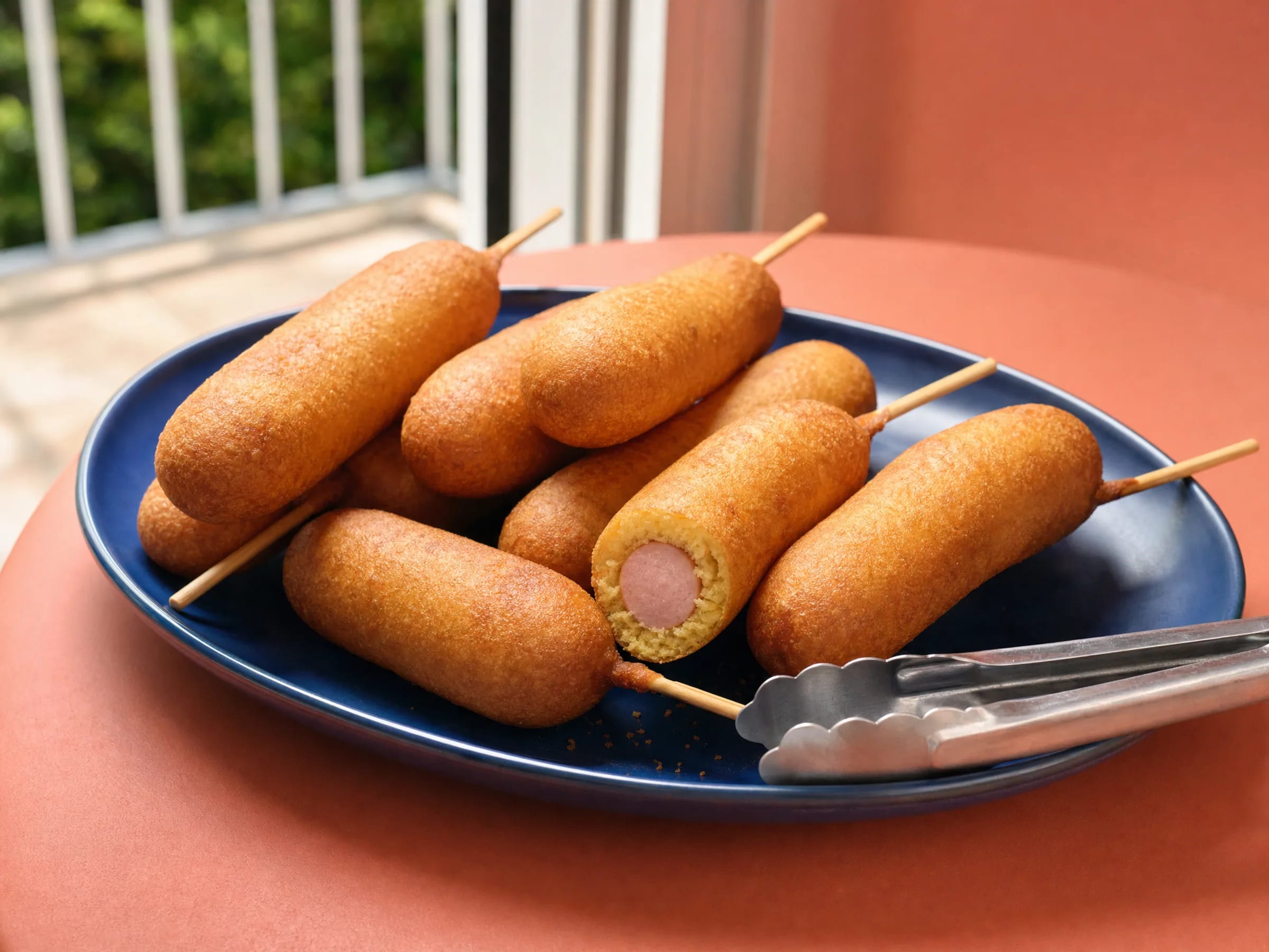 Corn Dogs selber machen mit Maisteig Rezeptfoto Corn Dogs selber machen mit Maisteig fertig angerichtet