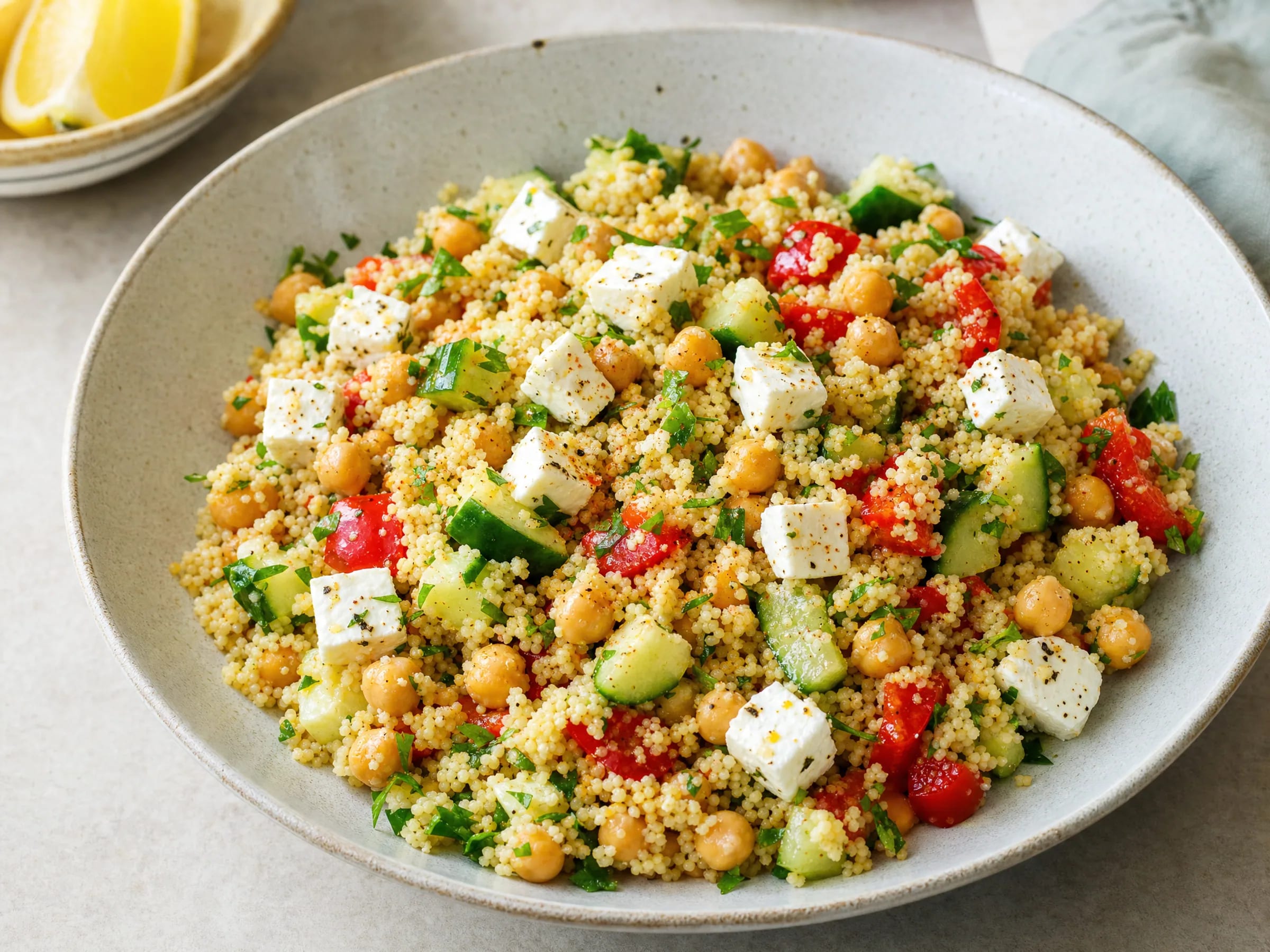 Couscous-Salat mit Feta, Kichererbsen und Zitronen-Dressing Rezeptfoto Couscous-Salat mit Feta, Kichererbsen und Zitronen-Dressing fertig angerichtet