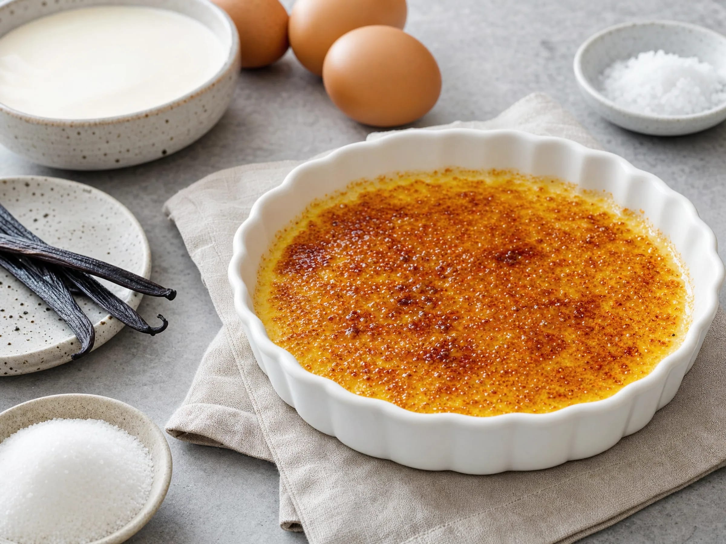 Crème brûlée aus dem Wasserbad mit seidiger Vanillecreme Rezeptfoto Crème brûlée aus dem Wasserbad mit seidiger Vanillecreme fertig angerichtet