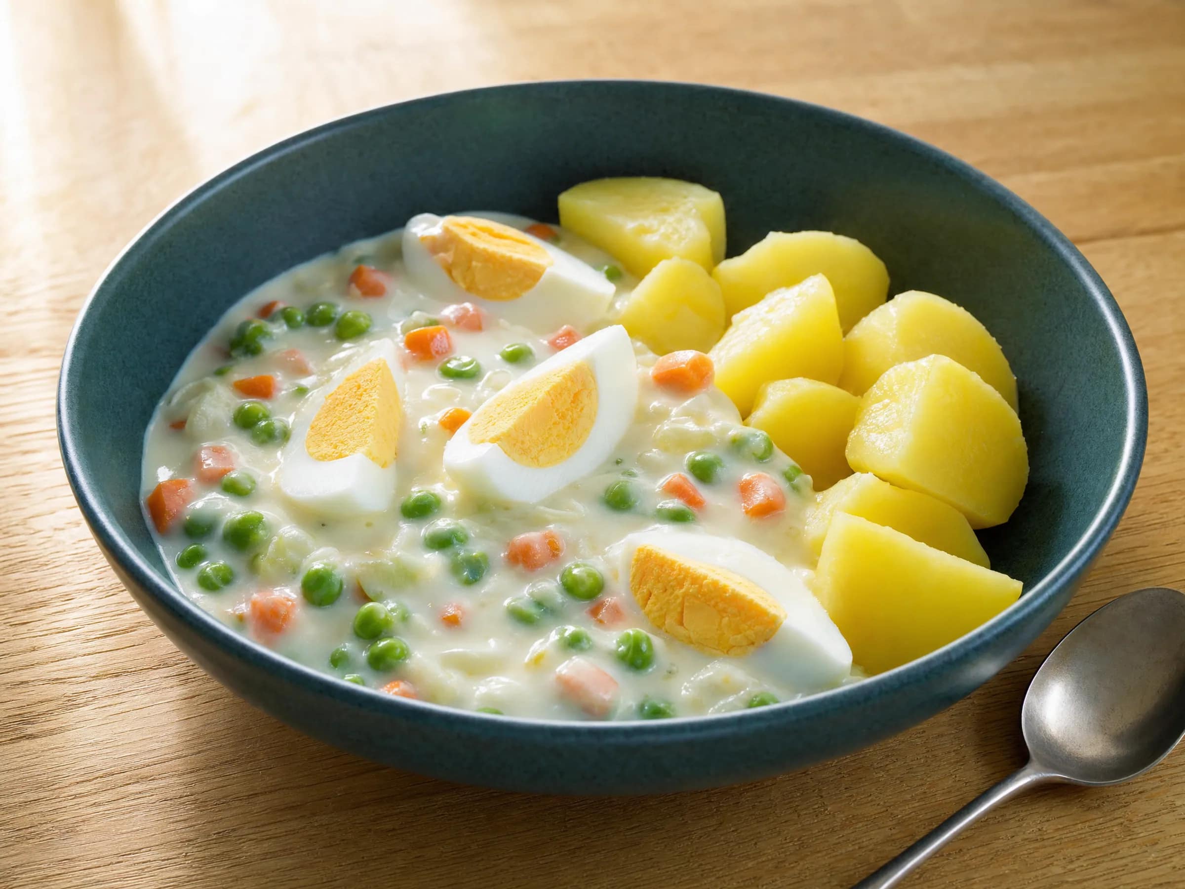 Eierfrikassee mit Erbsen, Möhren und Kartoffeln – helle Soße