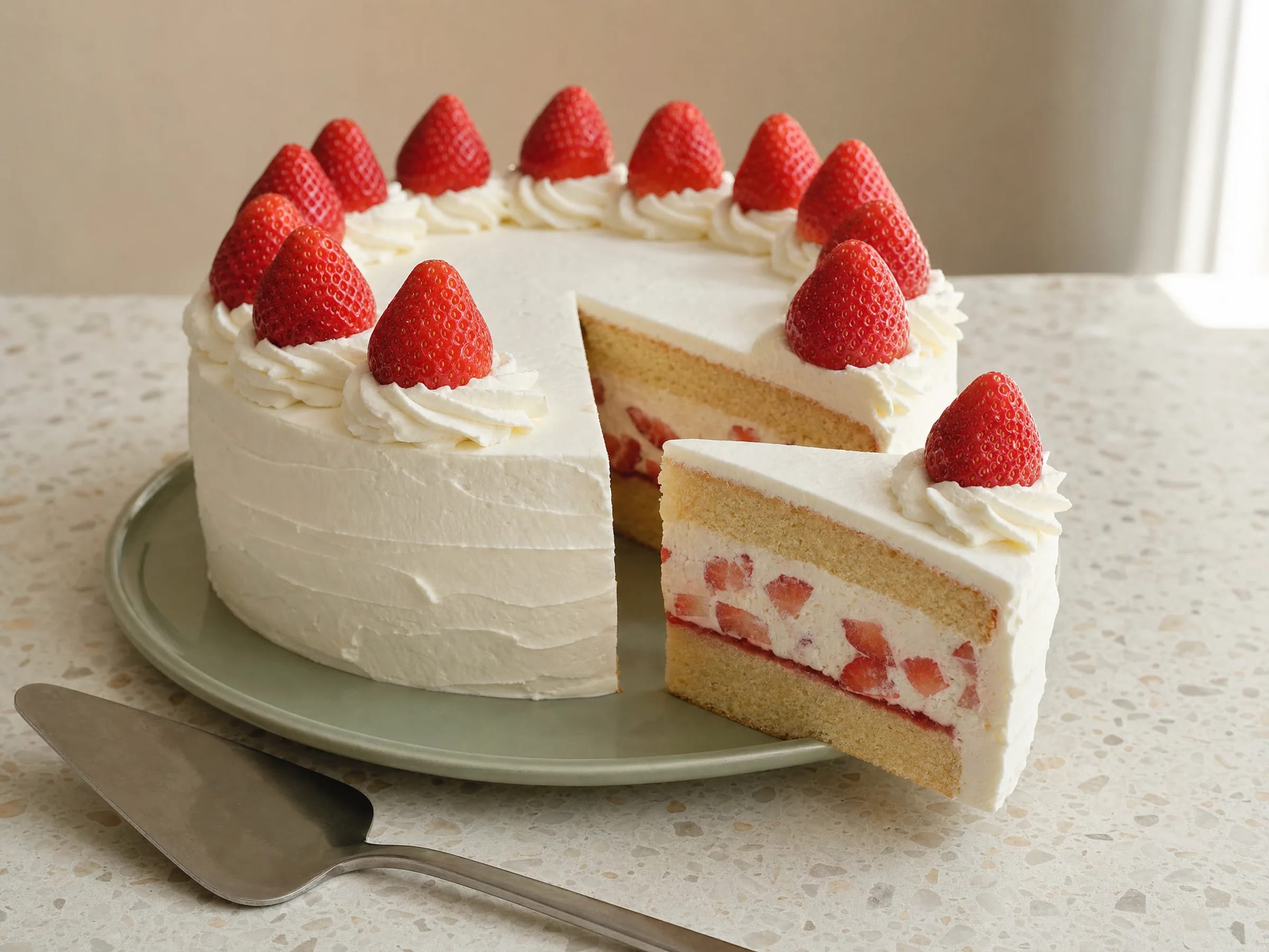 Erdbeer-Sahne-Torte mit standfester Sahne und Biskuit Rezeptfoto Erdbeer-Sahne-Torte mit standfester Sahne und Biskuit fertig angerichtet