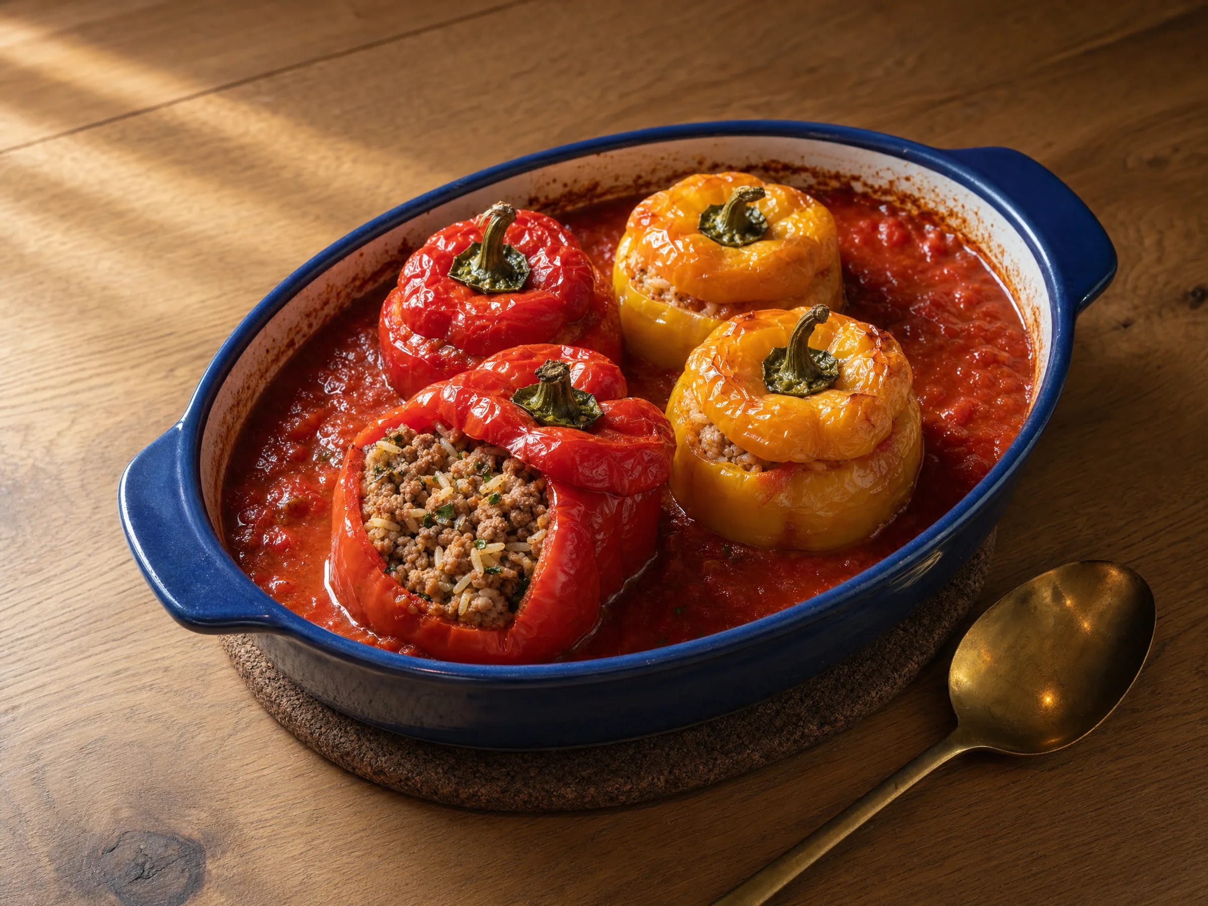 Gefüllte Paprika mit Hackfleisch, Reis und Tomatensoße aus dem Ofen Rezeptfoto Gefüllte Paprika mit Hackfleisch, Reis und Tomatensoße aus dem Ofen fertig angerichtet
