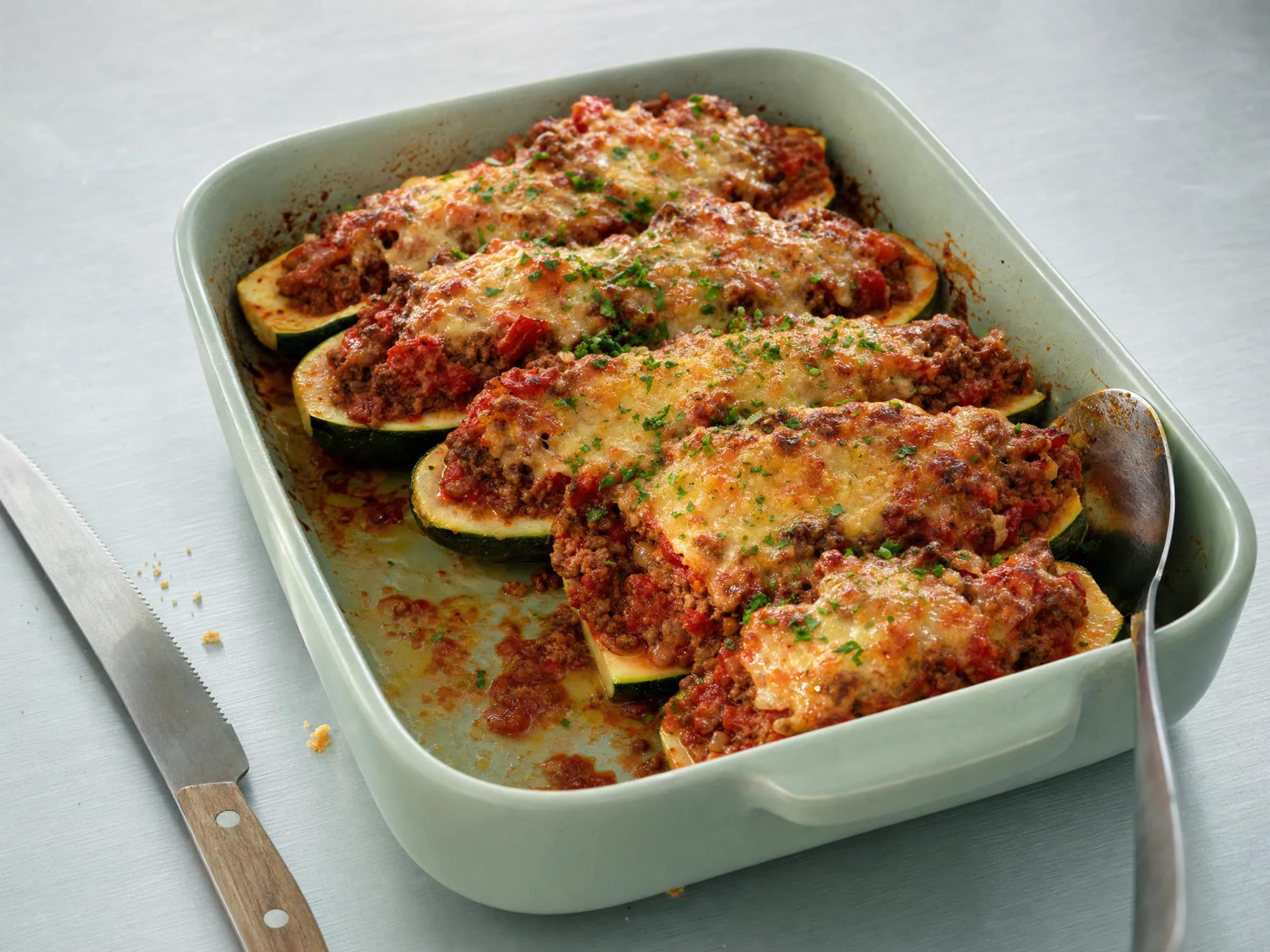 Gefüllte Zucchini mit Hackfleisch, dicker Tomatenfüllung und Käsehaube