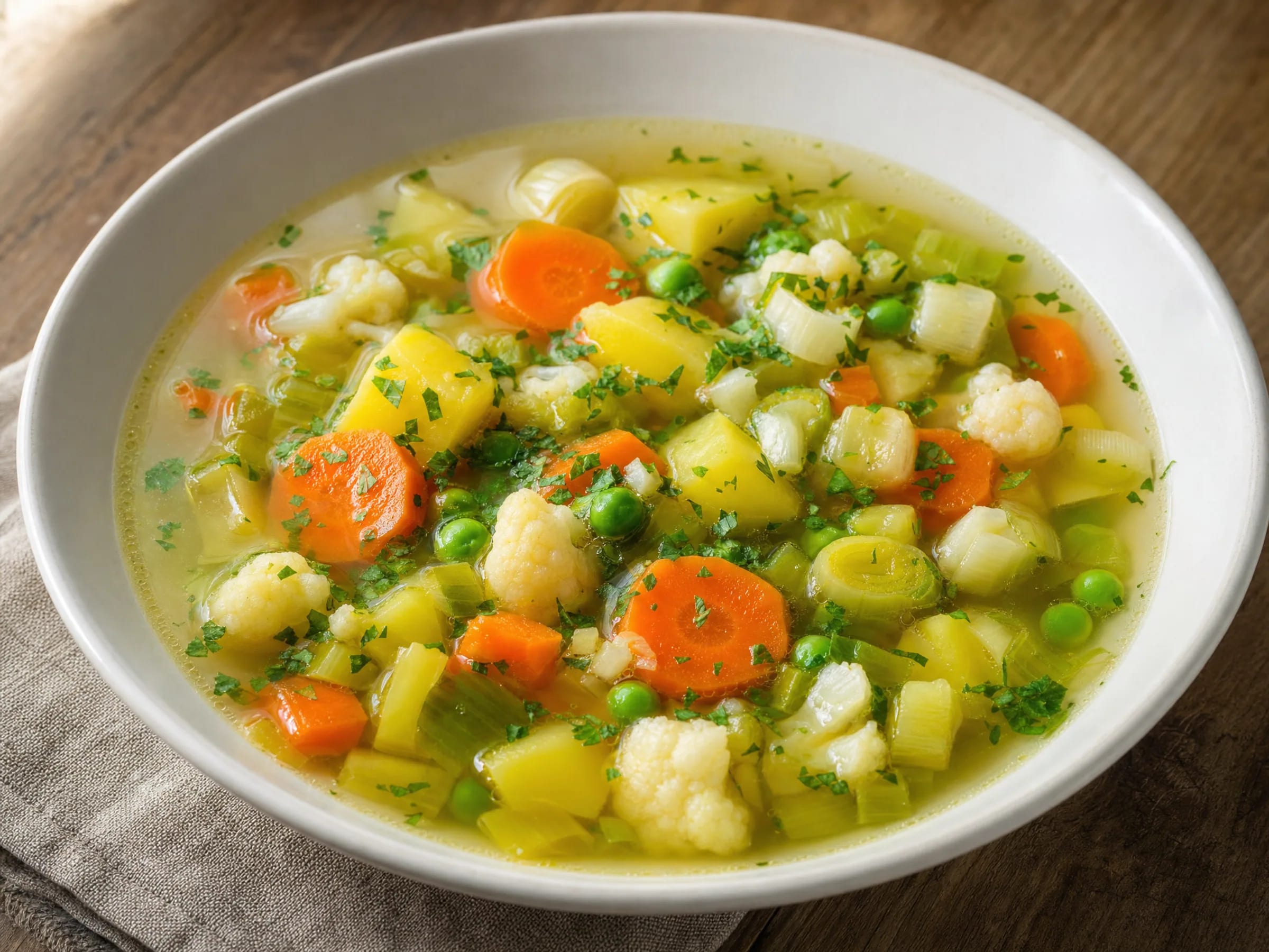 Gemüsesuppe mit Kartoffeln – stückig, klar und klassisch Rezeptfoto Gemüsesuppe mit Kartoffeln – stückig, klar und klassisch fertig angerichtet