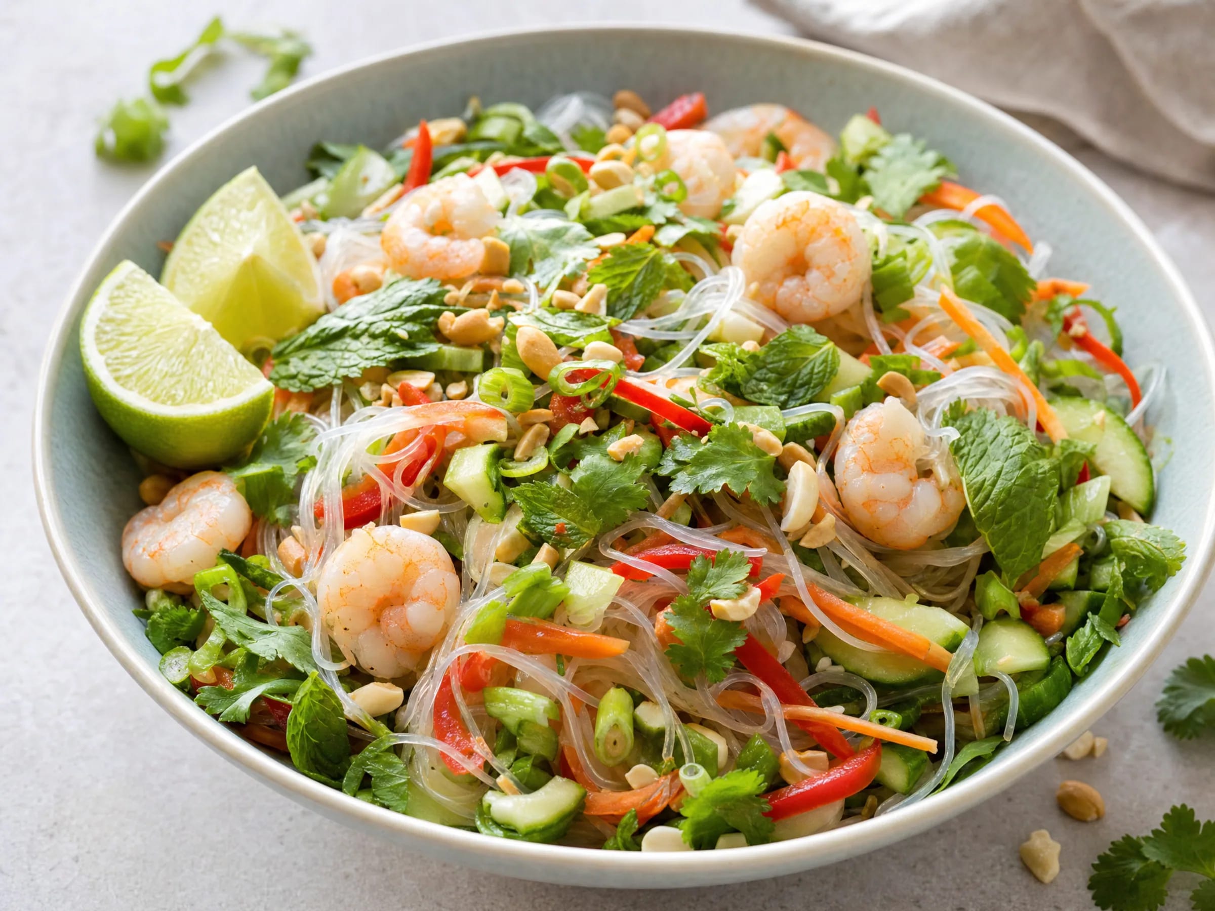 Glasnudelsalat mit Garnelen, Kräutern und Limetten-Dressing Rezeptfoto Glasnudelsalat mit Garnelen, Kräutern und Limetten-Dressing fertig angerichtet