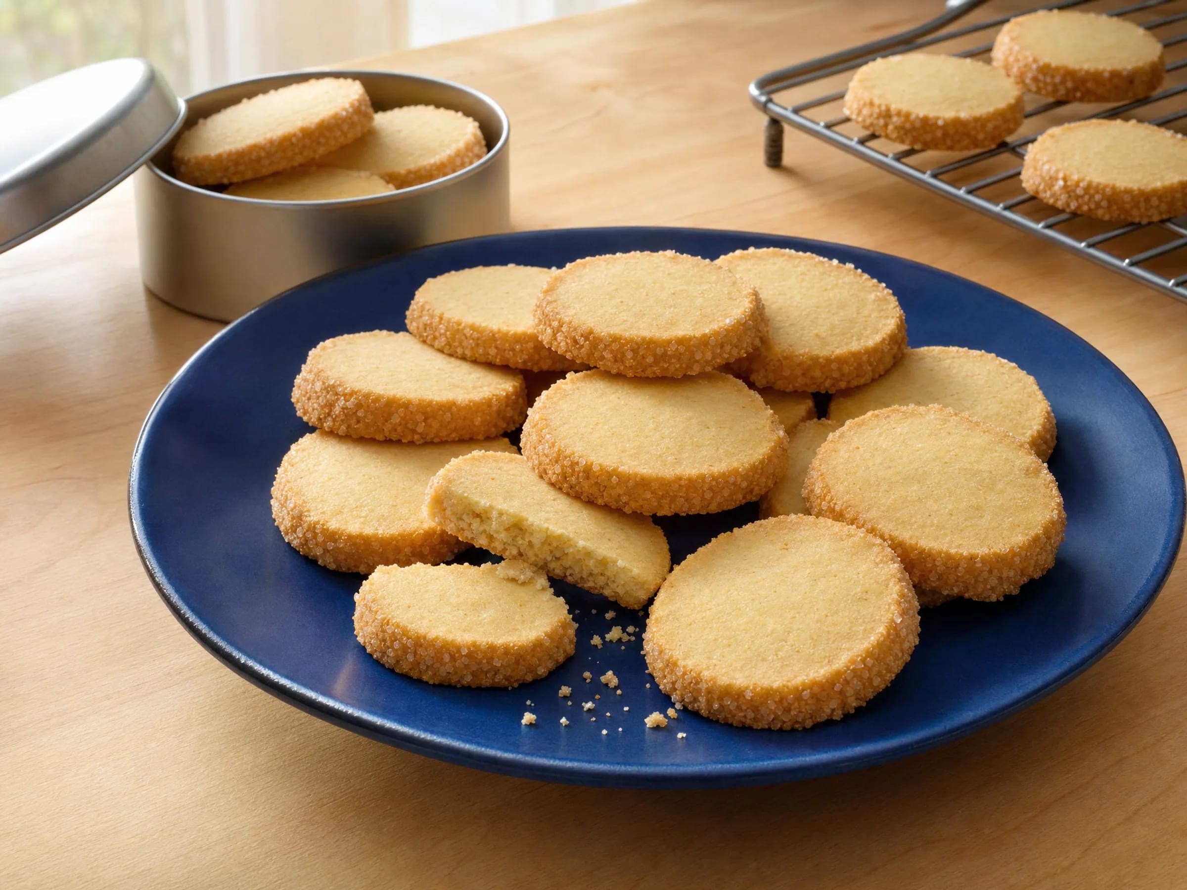 Heidesand-Plätzchen mit gebräunter Butter und sandiger Krume Rezeptfoto Heidesand-Plätzchen mit gebräunter Butter und sandiger Krume fertig angerichtet