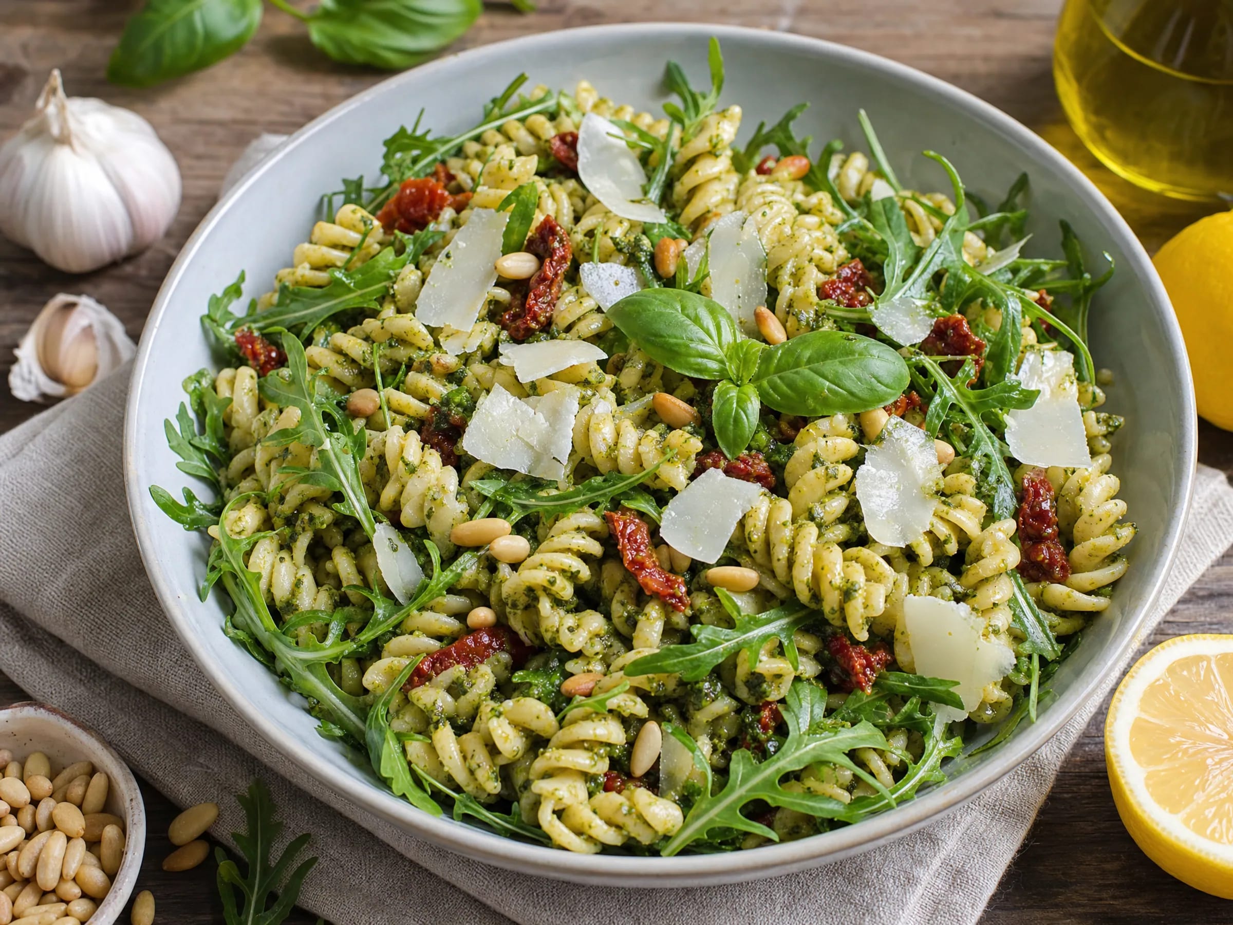 Italienischer Nudelsalat mit Pesto, Rucola und getrockneten Tomaten Rezeptfoto Italienischer Nudelsalat mit Pesto, Rucola und getrockneten Tomaten fertig angerichtet