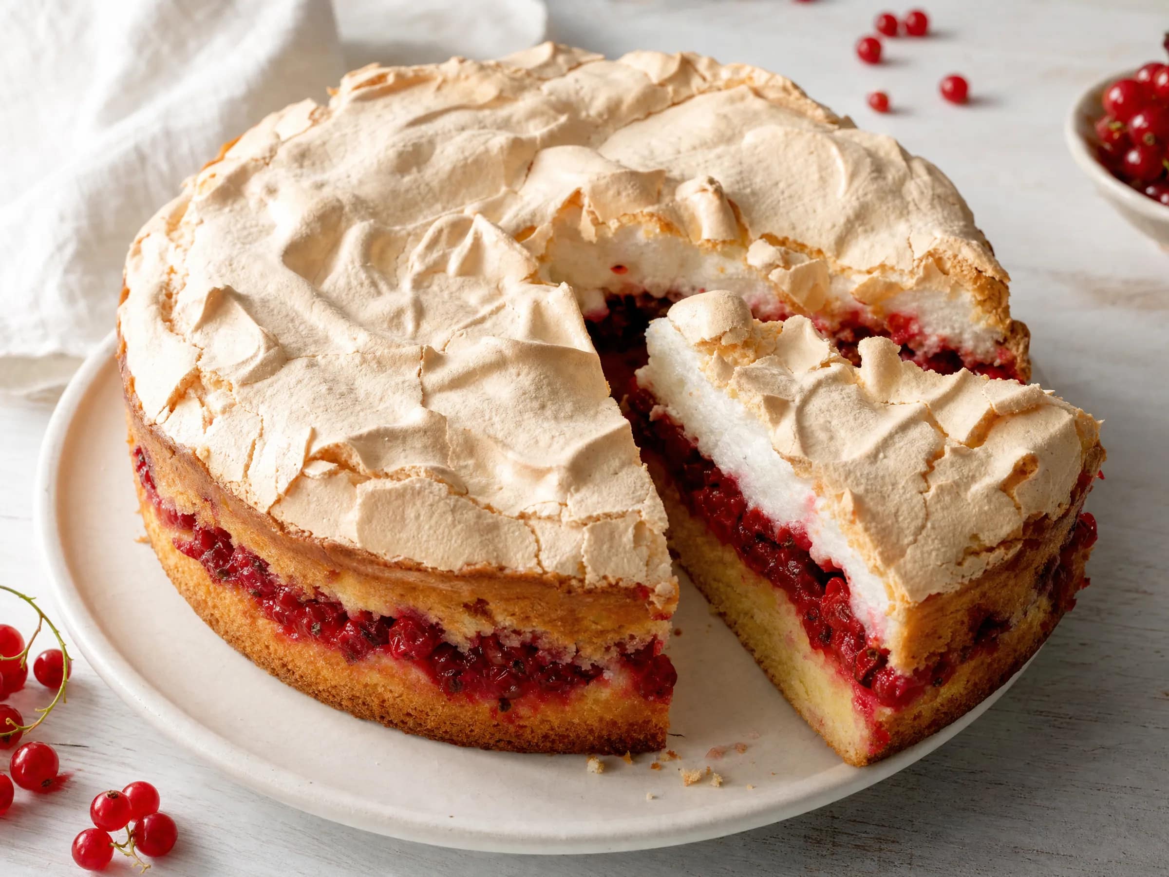 Johannisbeerkuchen mit Baiser und saftigem Rührteig