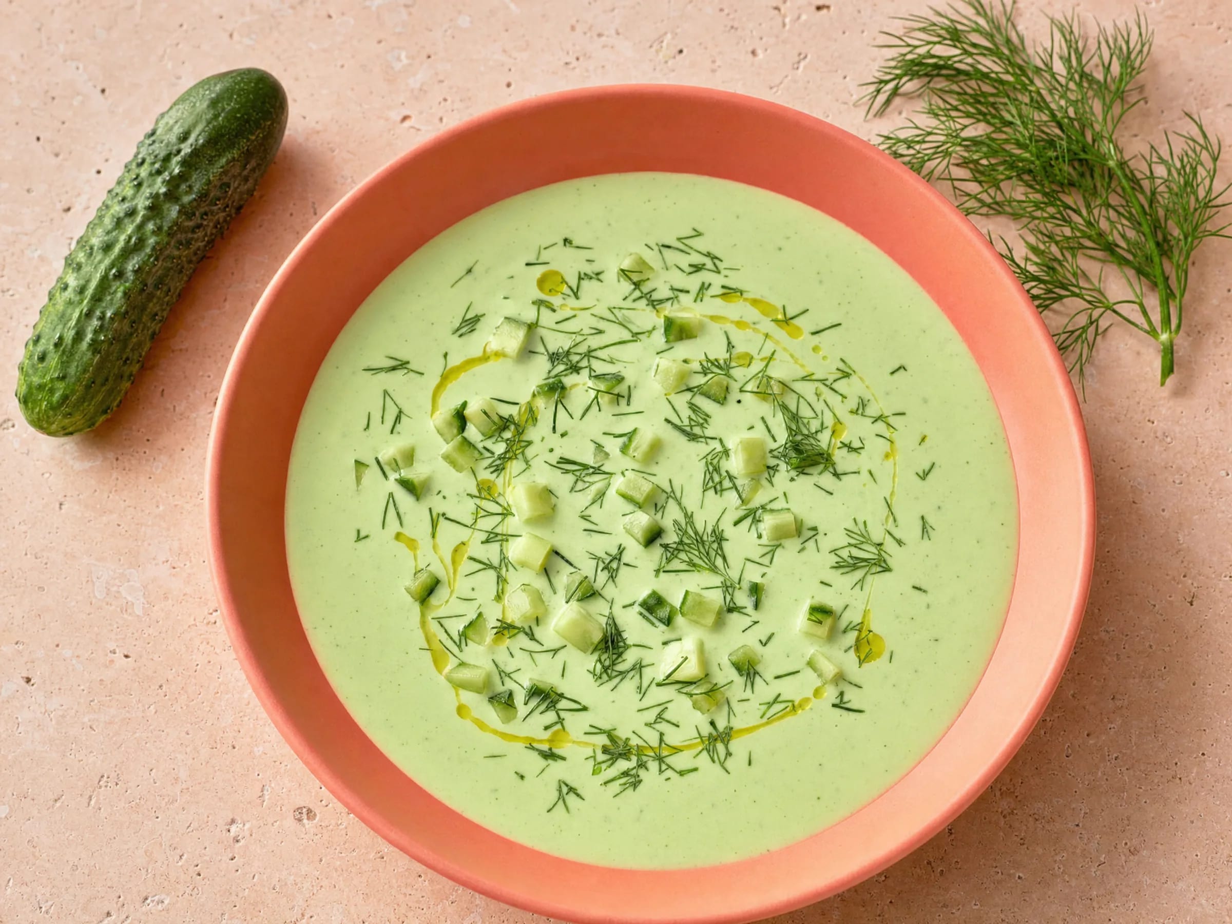 Kalte Gurkensuppe mit Joghurt, Dill und Zitrone Rezeptfoto Kalte Gurkensuppe mit Joghurt, Dill und Zitrone fertig angerichtet