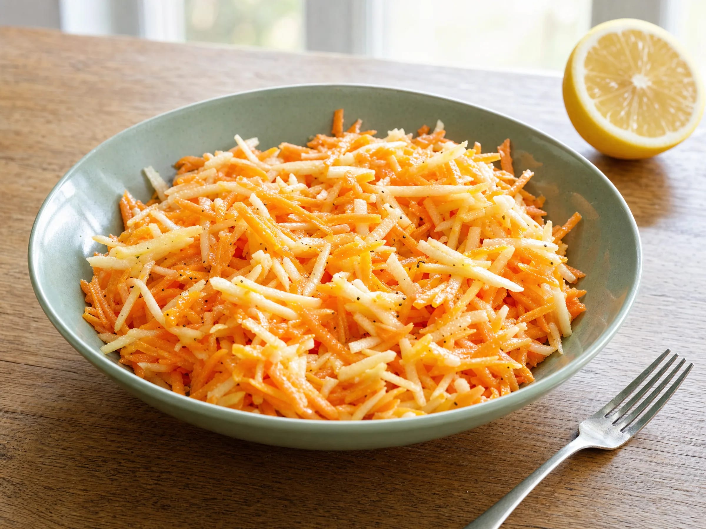 Karottensalat mit Apfel und Zitronendressing Rezeptfoto Karottensalat mit Apfel und Zitronendressing fertig angerichtet