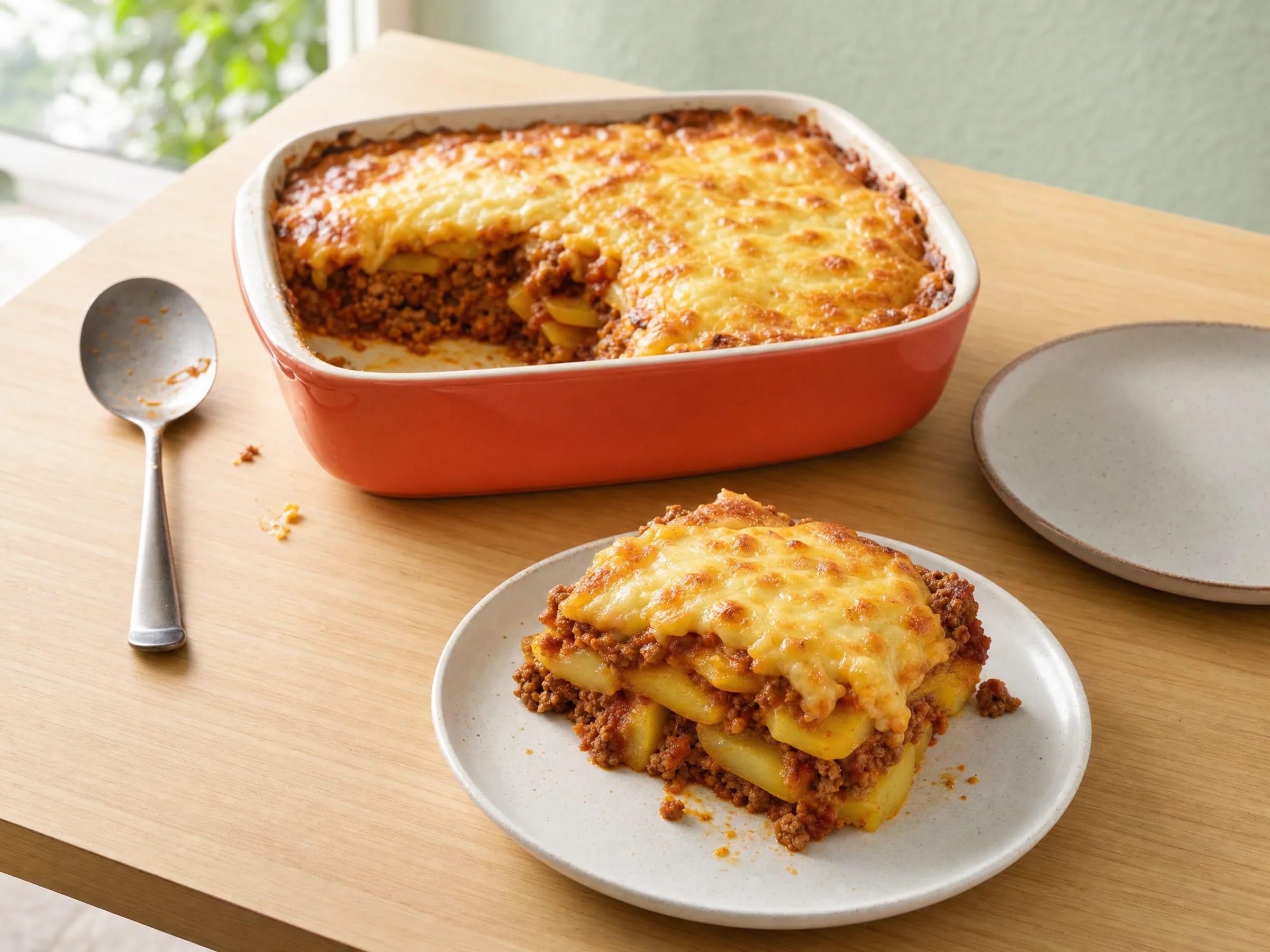 Kartoffel-Hack-Auflauf mit Käse Rezeptfoto Kartoffel-Hack-Auflauf mit Käse fertig angerichtet