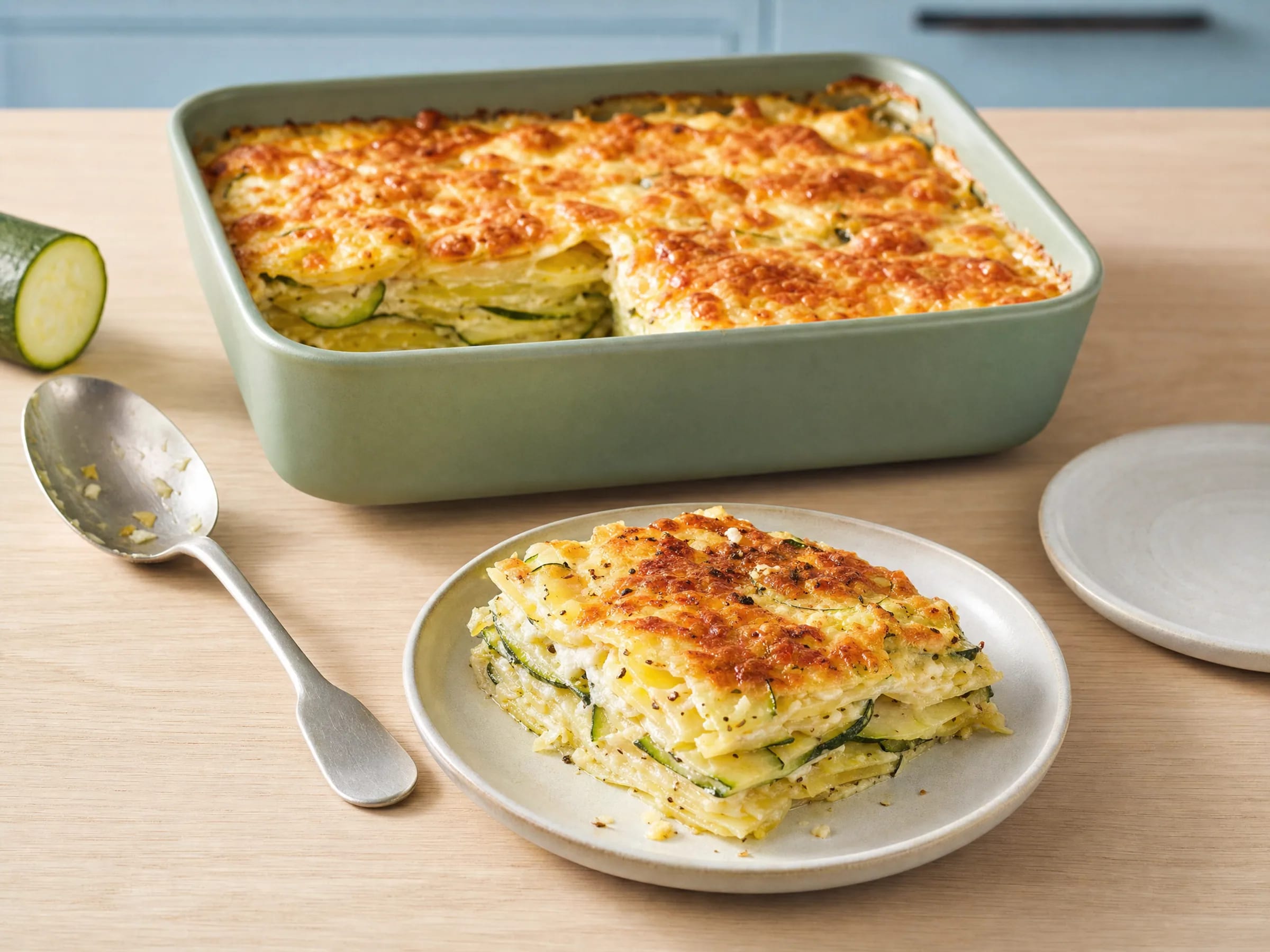 Kartoffel-Zucchini-Gratin ohne Vorkochen mit Käsekruste Rezeptfoto Kartoffel-Zucchini-Gratin ohne Vorkochen mit Käsekruste fertig angerichtet