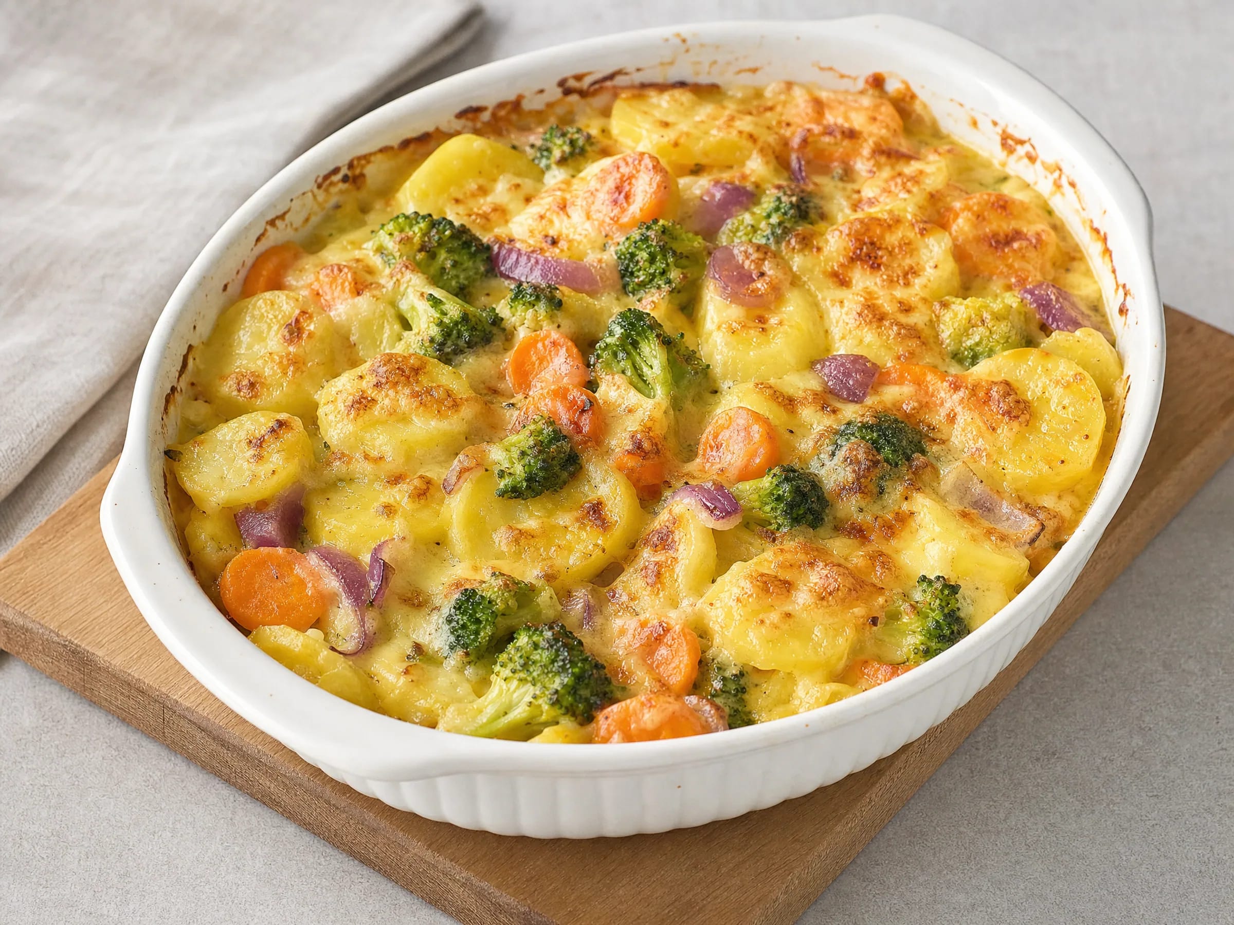Kartoffelauflauf mit Brokkoli, Karotten und goldener Käsekruste Rezeptfoto Kartoffelauflauf mit Brokkoli, Karotten und goldener Käsekruste fertig angerichtet