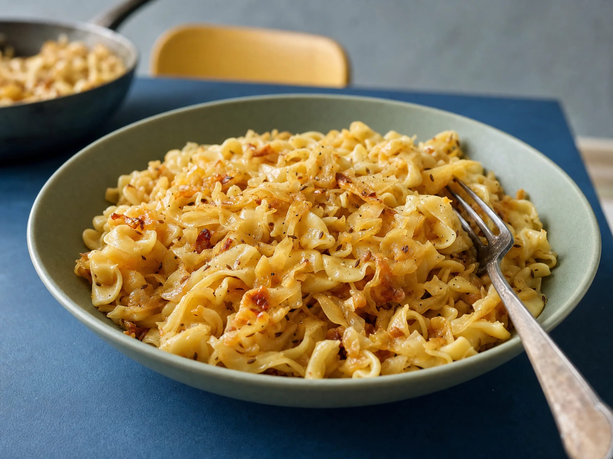 Krautfleckerl mit geschmortem Weißkraut und bissfesten Nudeln Rezeptfoto Krautfleckerl mit geschmortem Weißkraut und bissfesten Nudeln fertig angerichtet