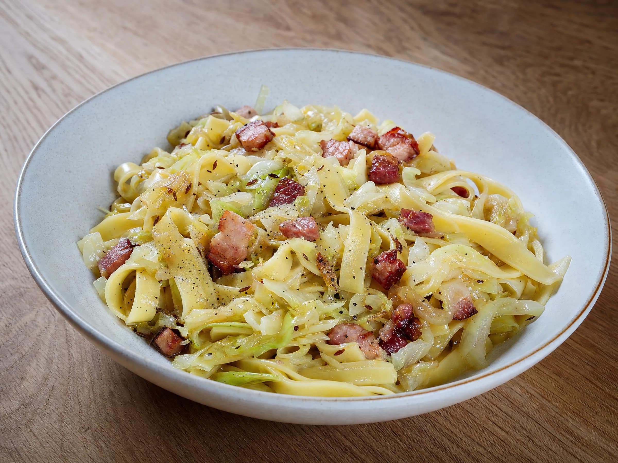 Klassische Krautnudeln mit Weißkohl und Speck – weich geschmort
