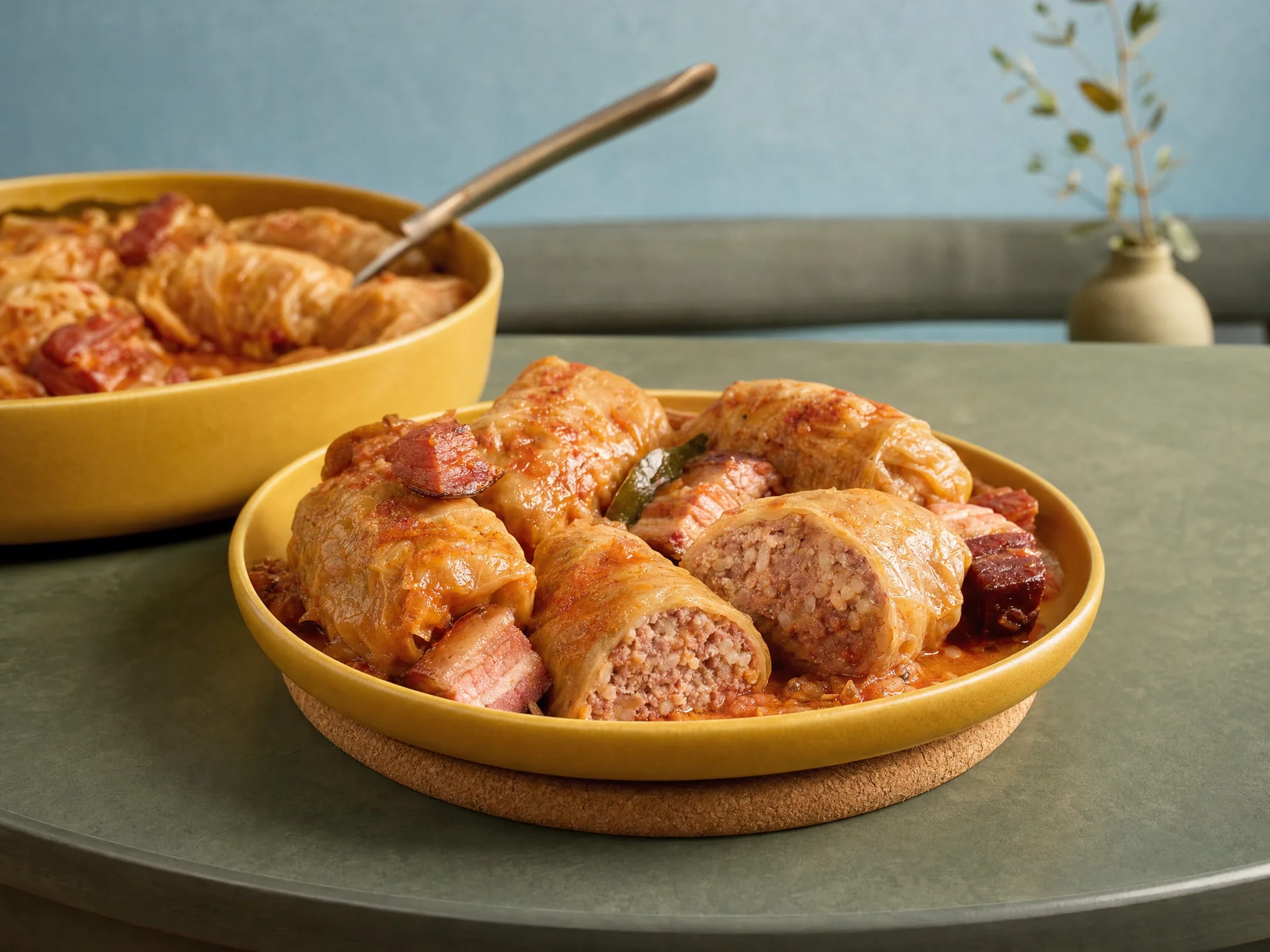 Kroatische Sarma aus Sauerkrautblättern mit Rauchfleisch Rezeptfoto Kroatische Sarma aus Sauerkrautblättern mit Rauchfleisch fertig angerichtet