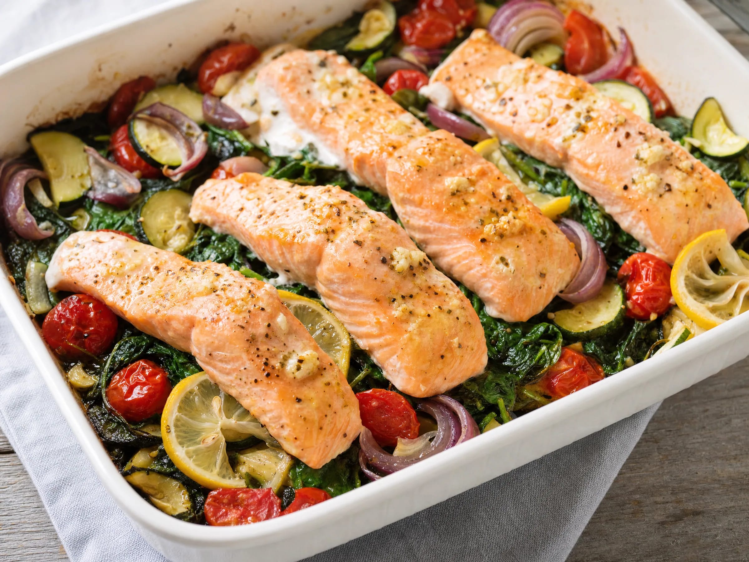 Lachs im Ofen mit Gemüse und Spinat Rezeptfoto Lachs im Ofen mit Gemüse und Spinat fertig angerichtet