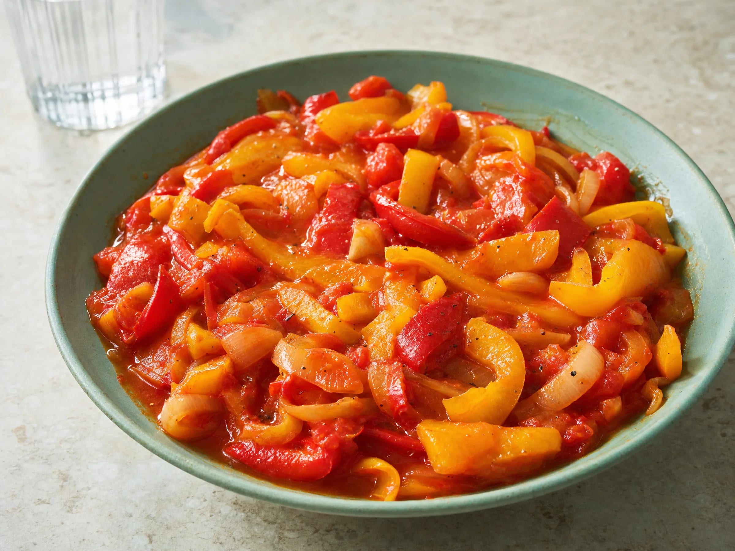 Letscho mit Spitzpaprika und Tomaten Rezeptfoto Letscho mit Spitzpaprika und Tomaten fertig angerichtet