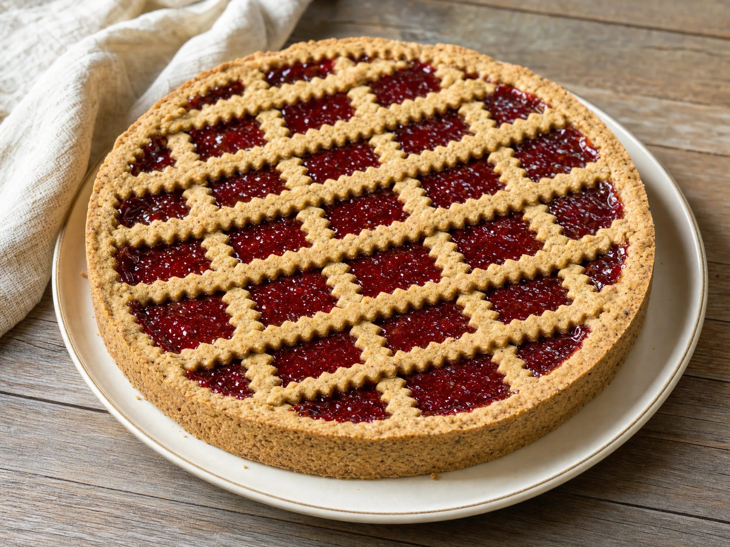 Linzer Torte klassisch mit Nuss-Mürbeteig und Johannisbeergelee Rezeptfoto Linzer Torte klassisch mit Nuss-Mürbeteig und Johannisbeergelee fertig angerichtet