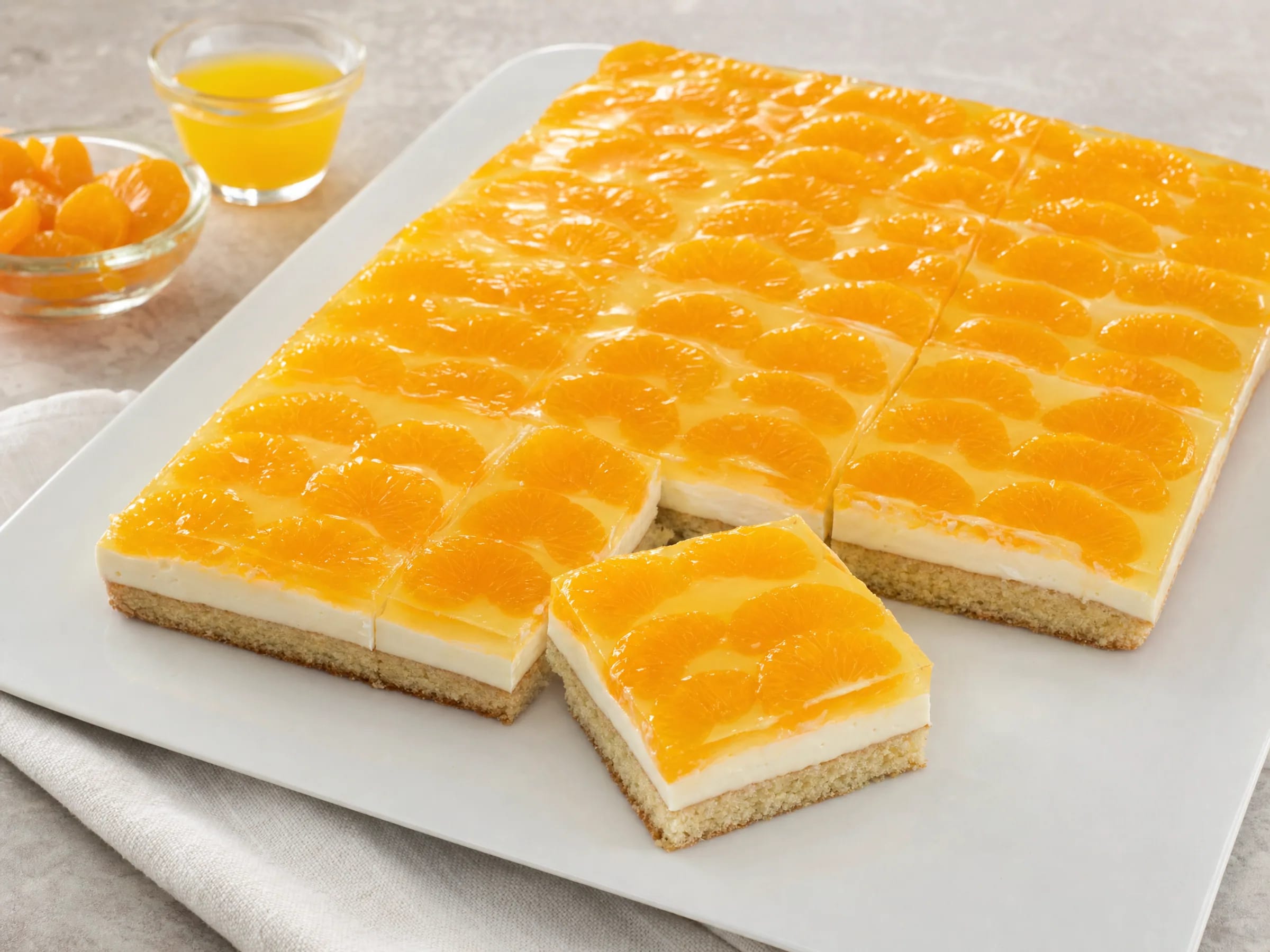 Mandarinen-Schmand-Kuchen vom Blech mit glatter Puddingcreme Rezeptfoto Mandarinen-Schmand-Kuchen vom Blech mit glatter Puddingcreme fertig angerichtet