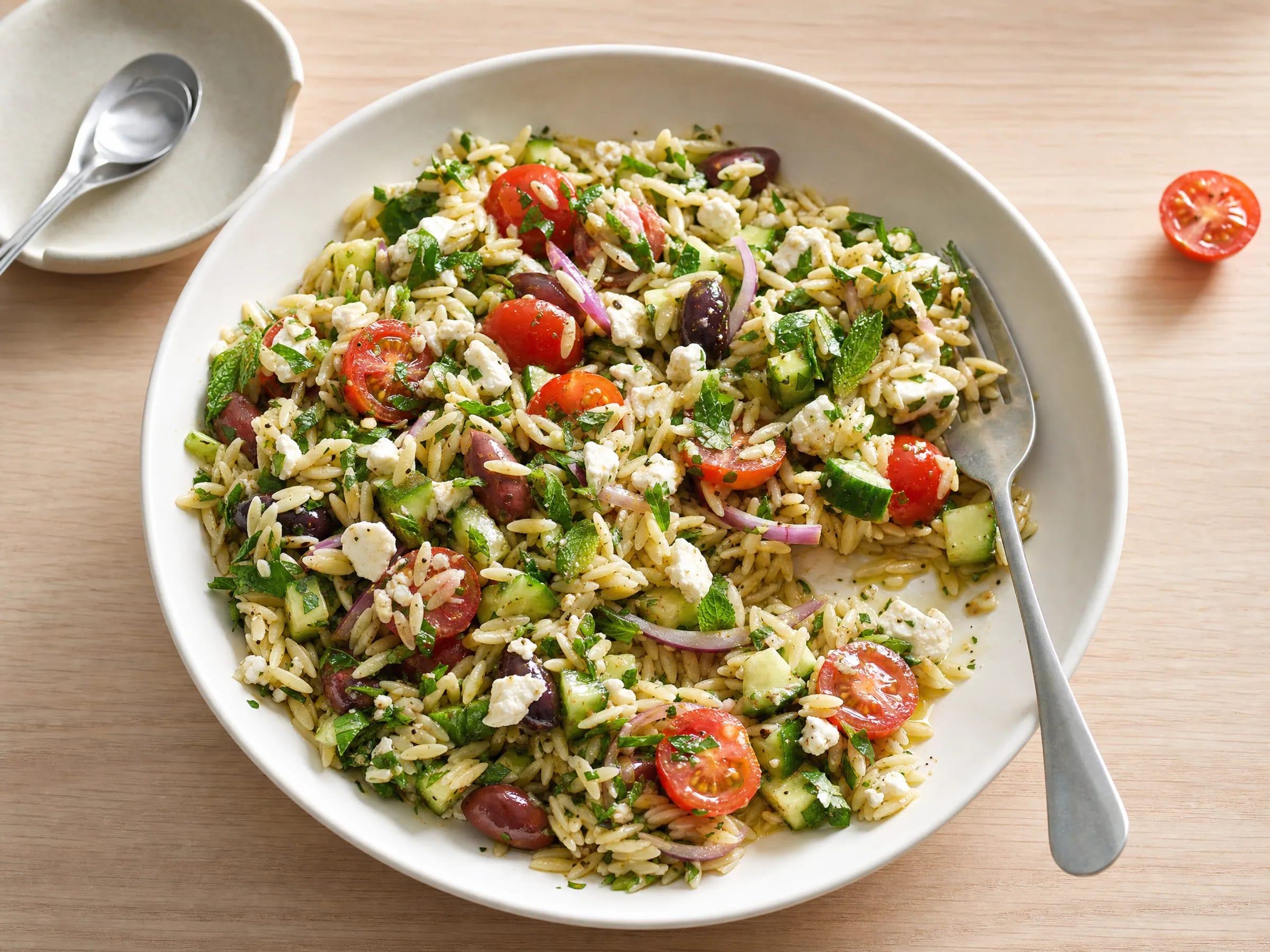 Mediterraner Orzo-Salat mit Feta Rezeptfoto Mediterraner Orzo-Salat mit Feta fertig angerichtet