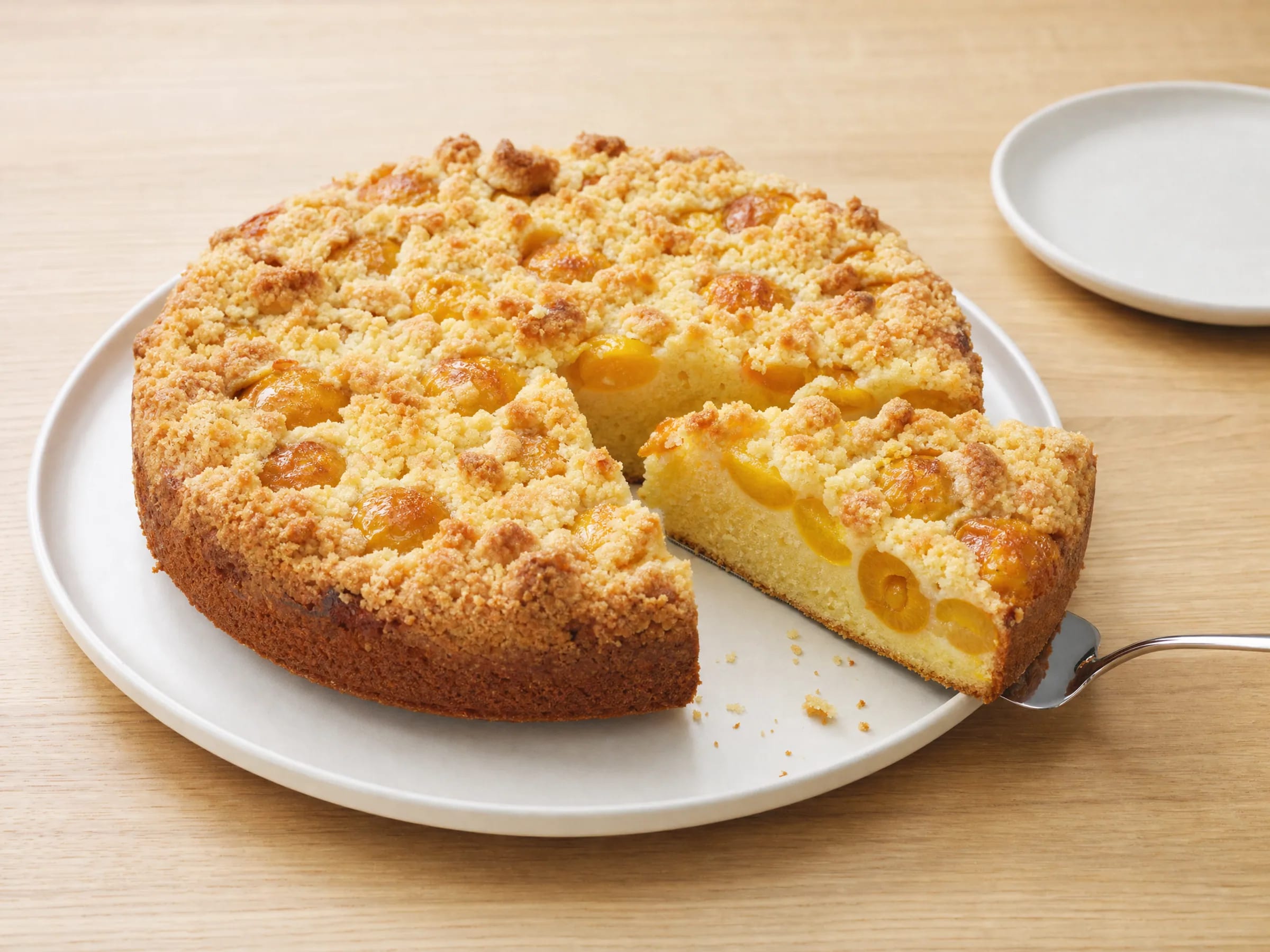 Mirabellenkuchen mit Streuseln und Rührteig Rezeptfoto Mirabellenkuchen mit Streuseln und Rührteig fertig angerichtet