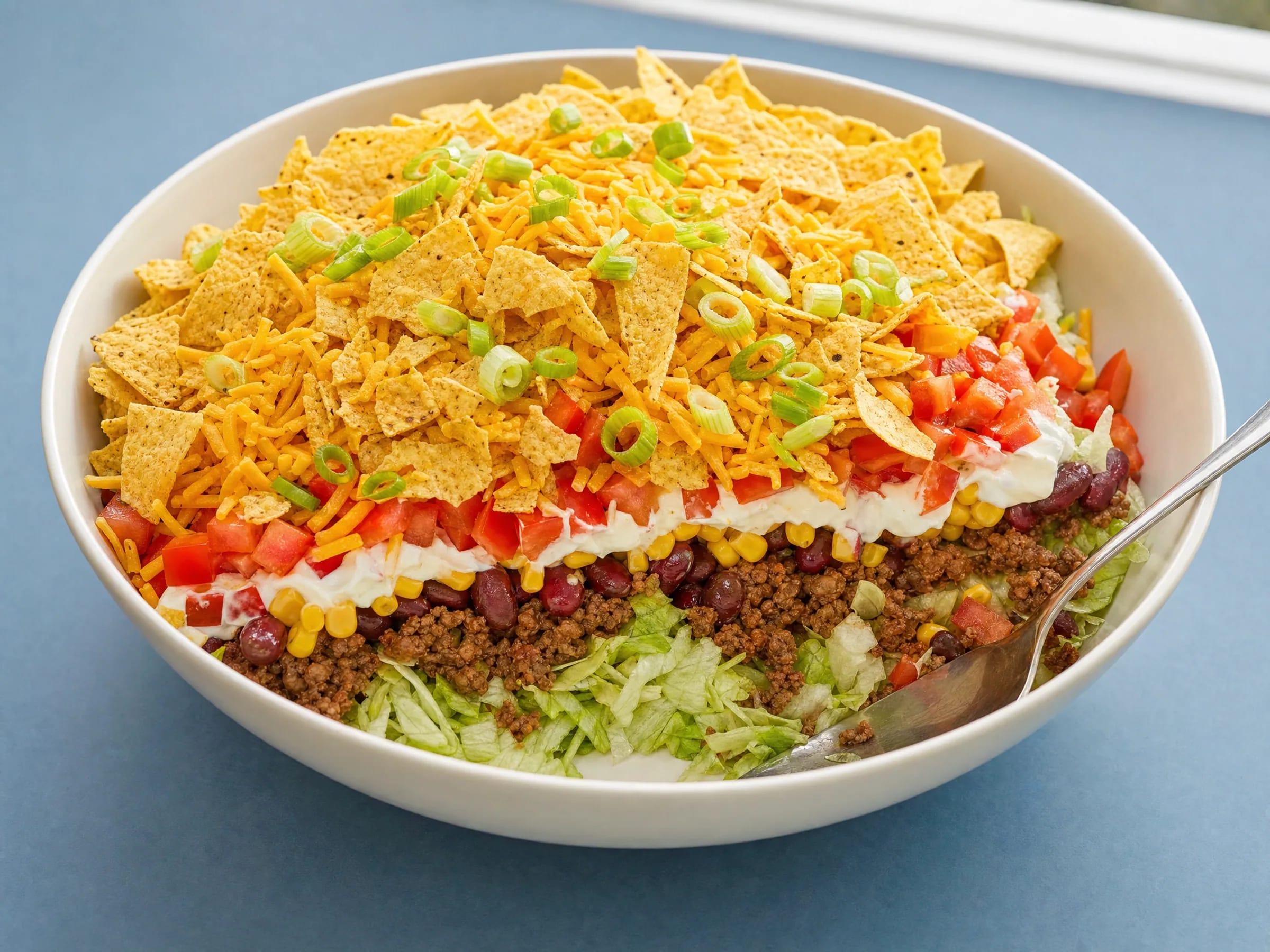 Nacho-Salat mit Hackfleisch als Schichtsalat Rezeptfoto Nacho-Salat mit Hackfleisch als Schichtsalat fertig angerichtet