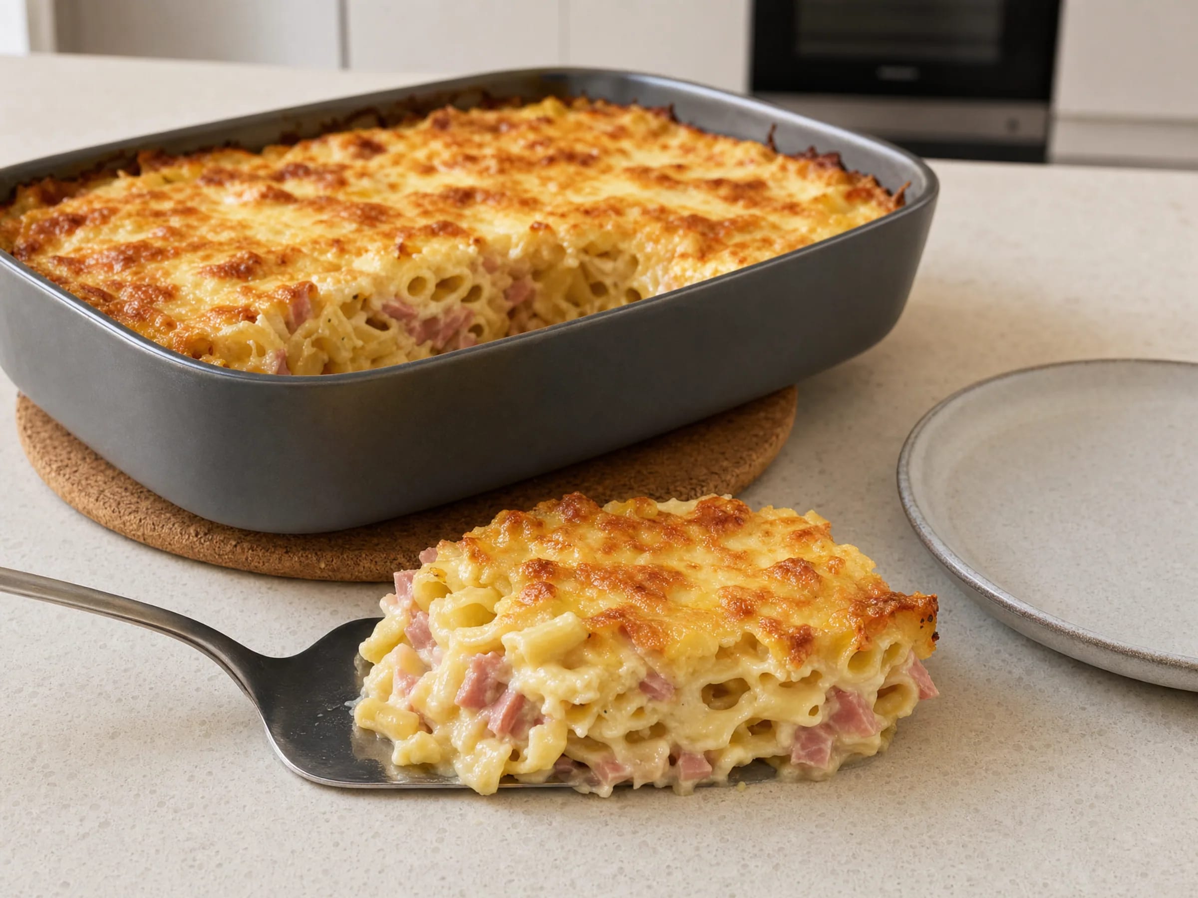 Nudel-Schinken-Gratin ohne Fix mit goldbrauner Käsekruste Rezeptfoto Nudel-Schinken-Gratin ohne Fix mit goldbrauner Käsekruste fertig angerichtet
