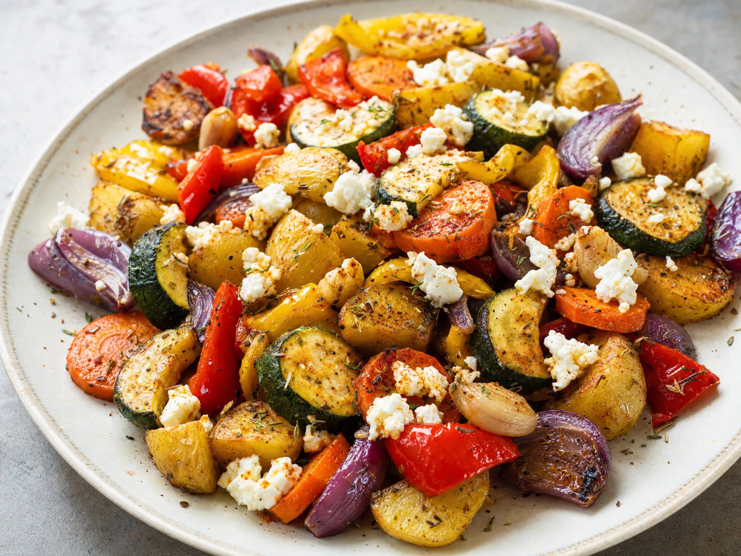 Ofengemüse vom Blech mit Feta-Option Rezeptfoto Ofengemüse vom Blech mit Feta-Option fertig angerichtet