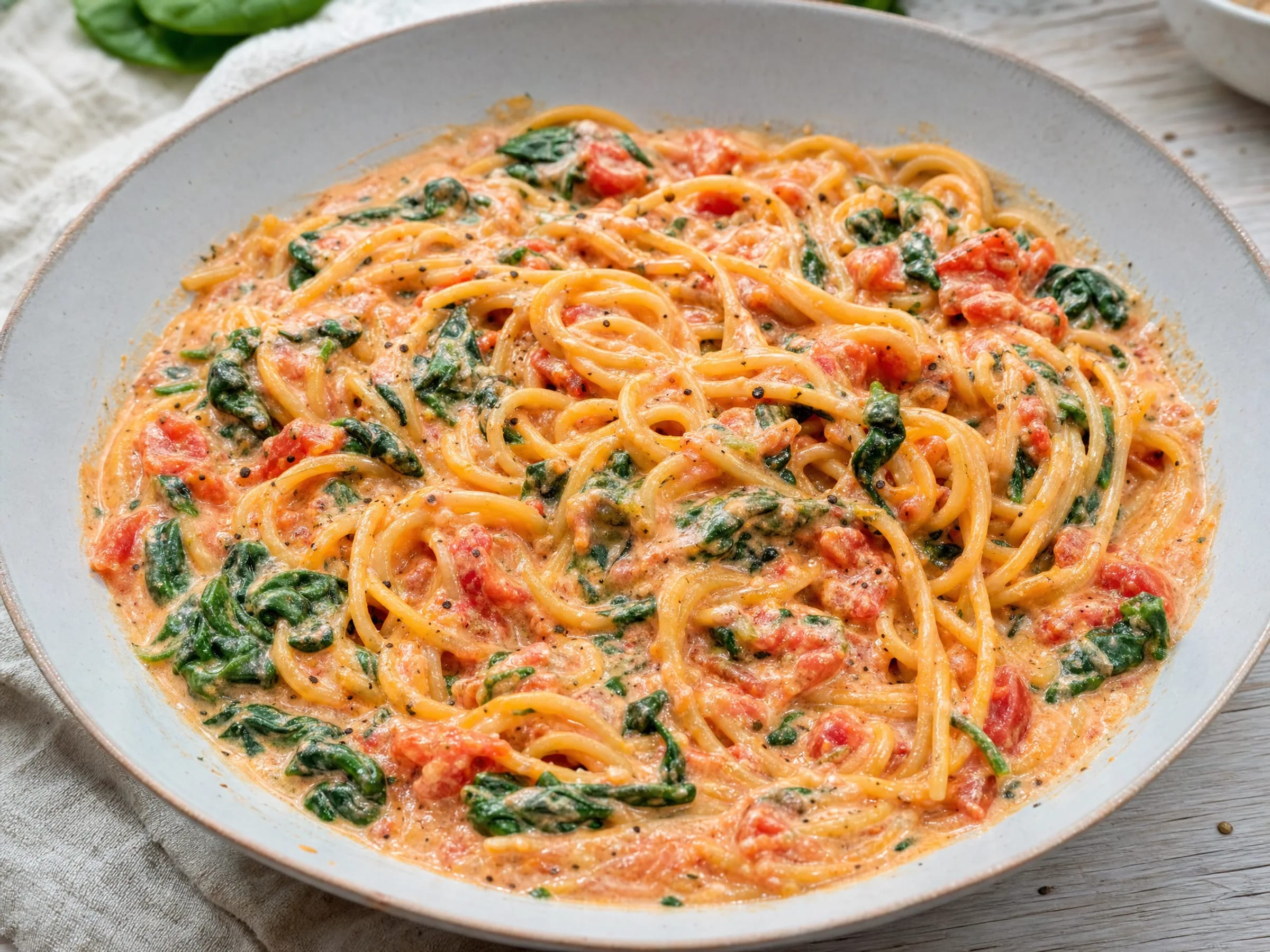One Pot Pasta mit Spinat, Tomate und Frischkäse – extra cremig Rezeptfoto One Pot Pasta mit Spinat, Tomate und Frischkäse – extra cremig fertig angerichtet
