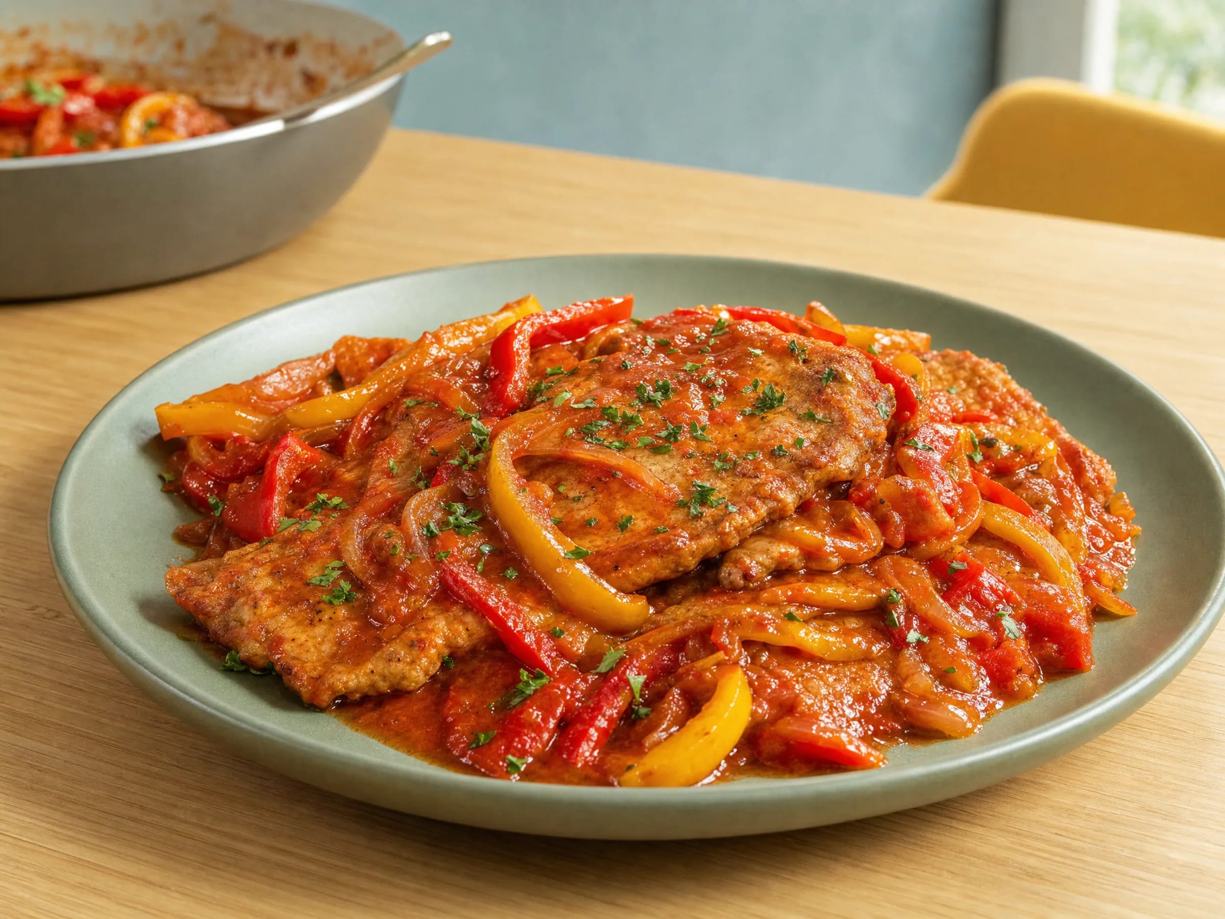 Paprikaschnitzel mit Paprikasoße aus der Pfanne Rezeptfoto Paprikaschnitzel mit Paprikasoße aus der Pfanne fertig angerichtet