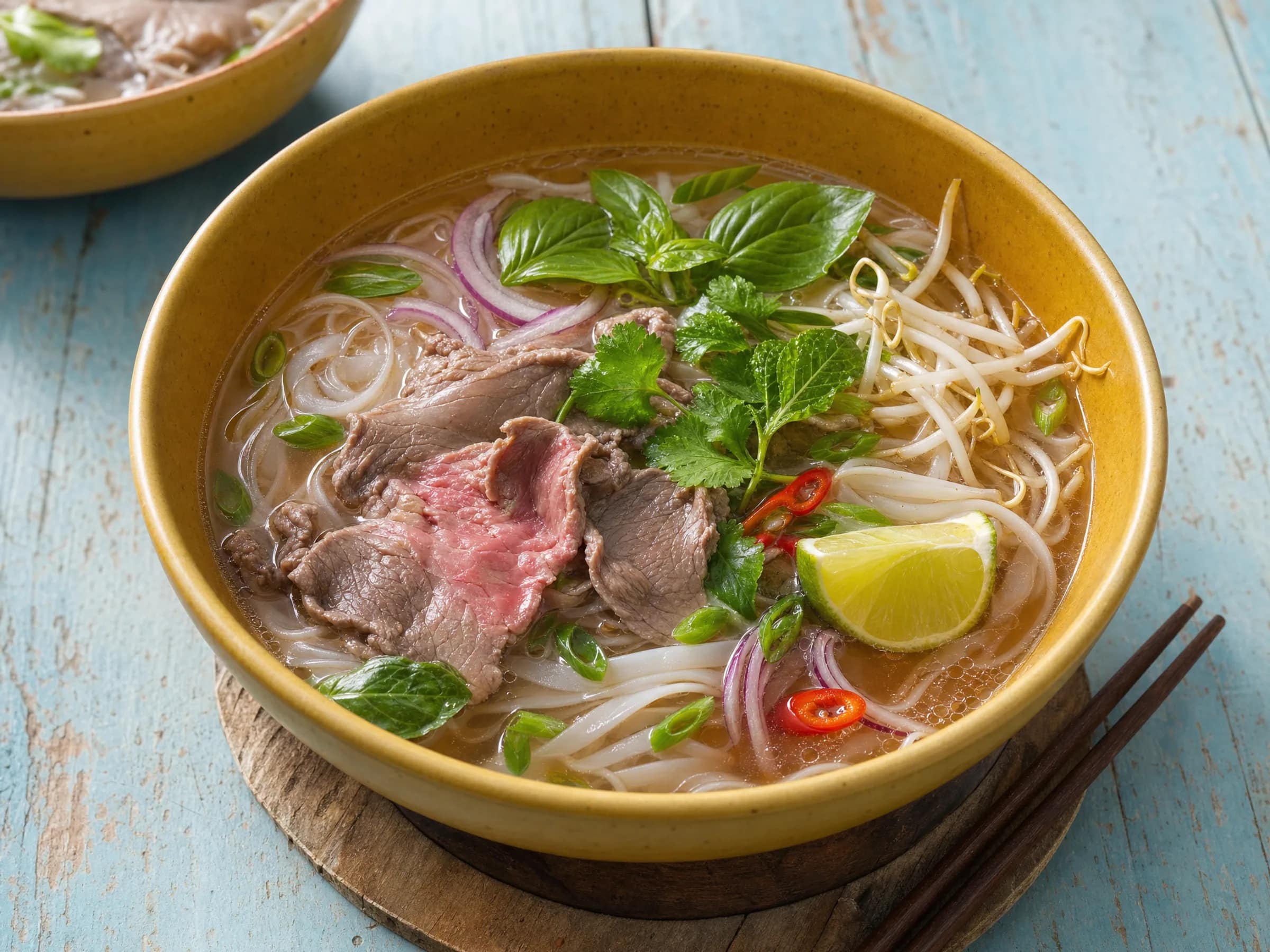 Pho Bò mit Rindfleisch und klarer Gewürzbrühe