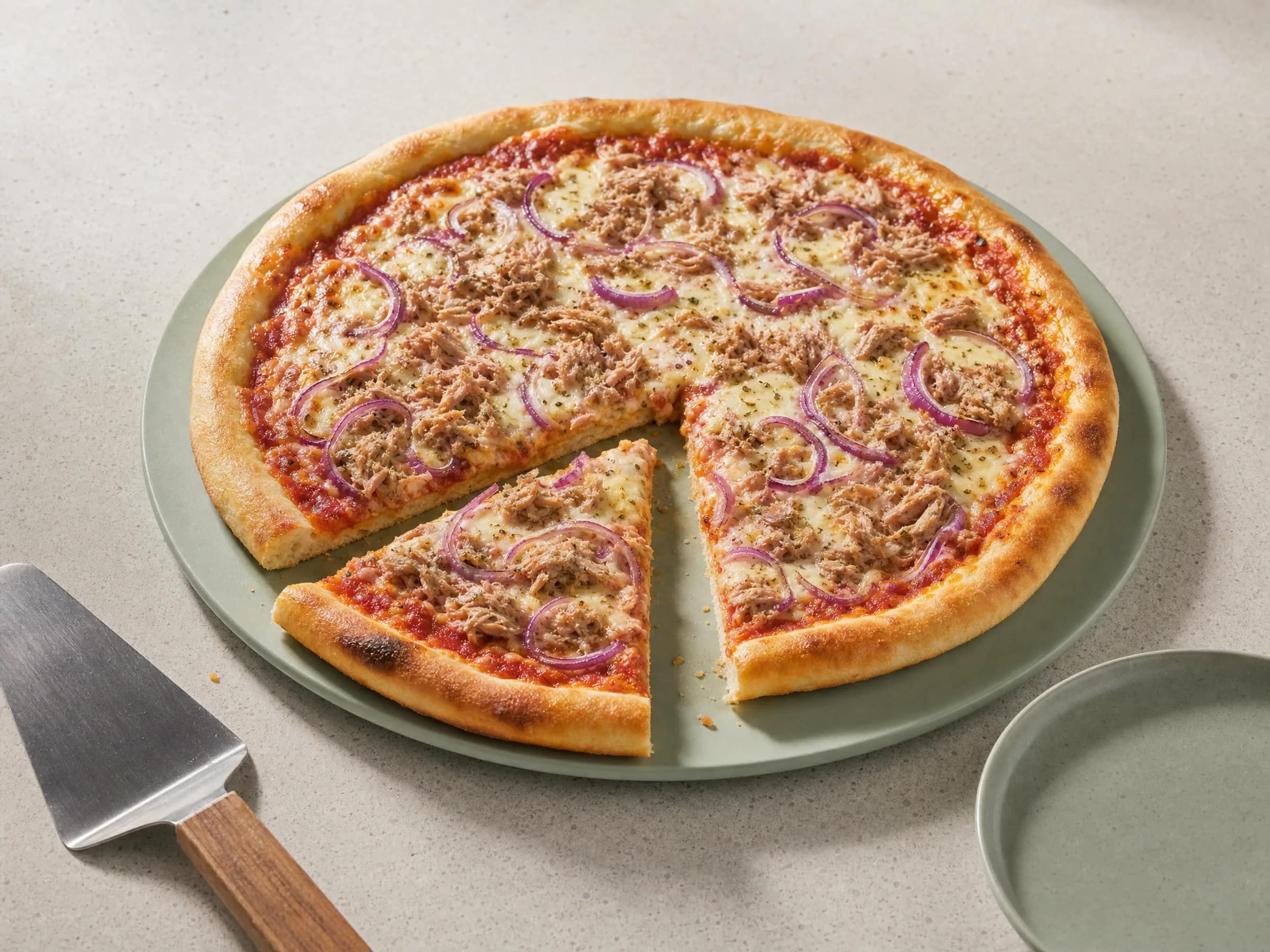 Pizza mit Thunfisch, Zwiebeln und Hefeteig