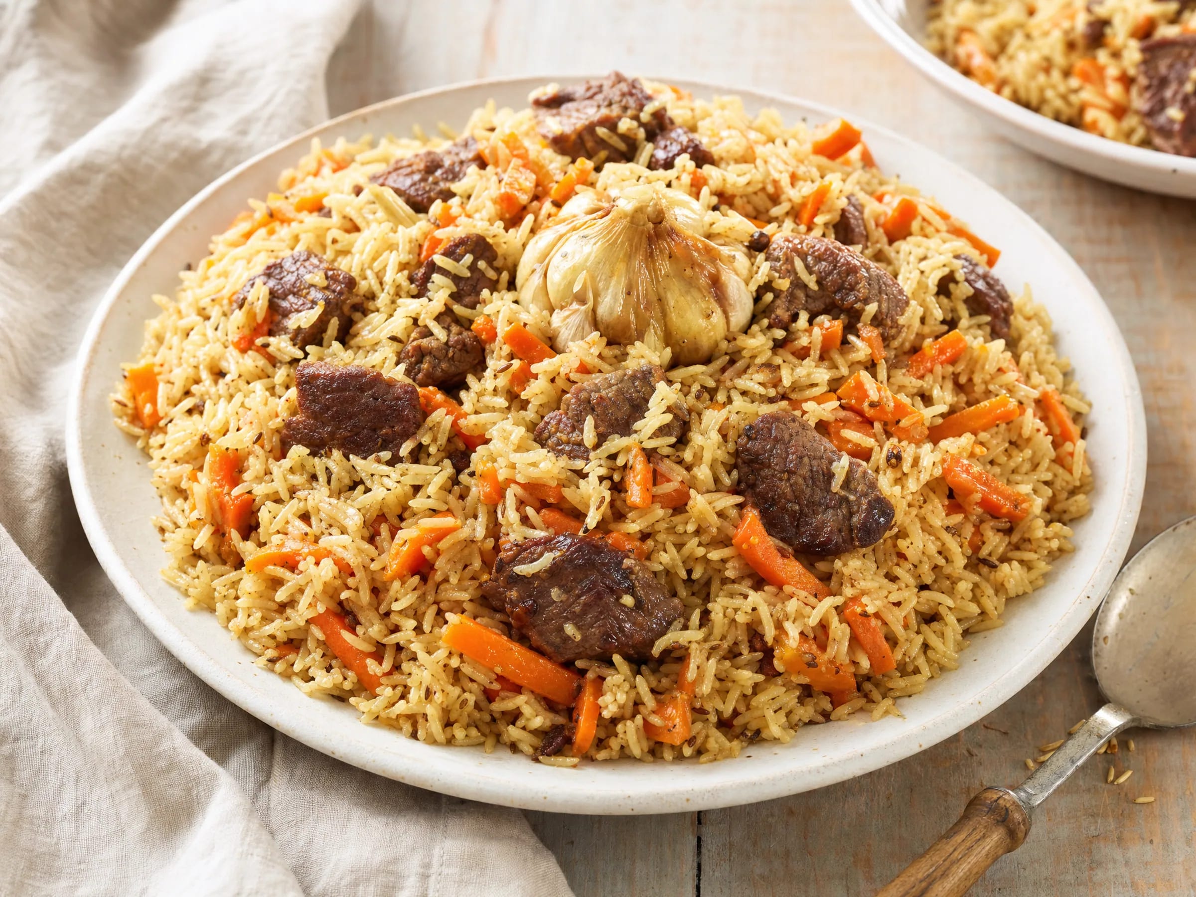 Plov mit Rindfleisch, Möhren und Knoblauch Rezeptfoto Plov mit Rindfleisch, Möhren und Knoblauch fertig angerichtet