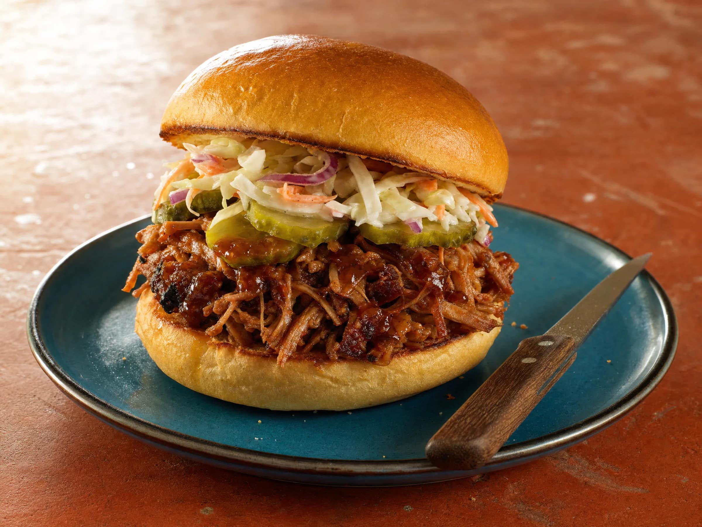 Pulled Pork Burger mit Coleslaw und Gewürzgurken