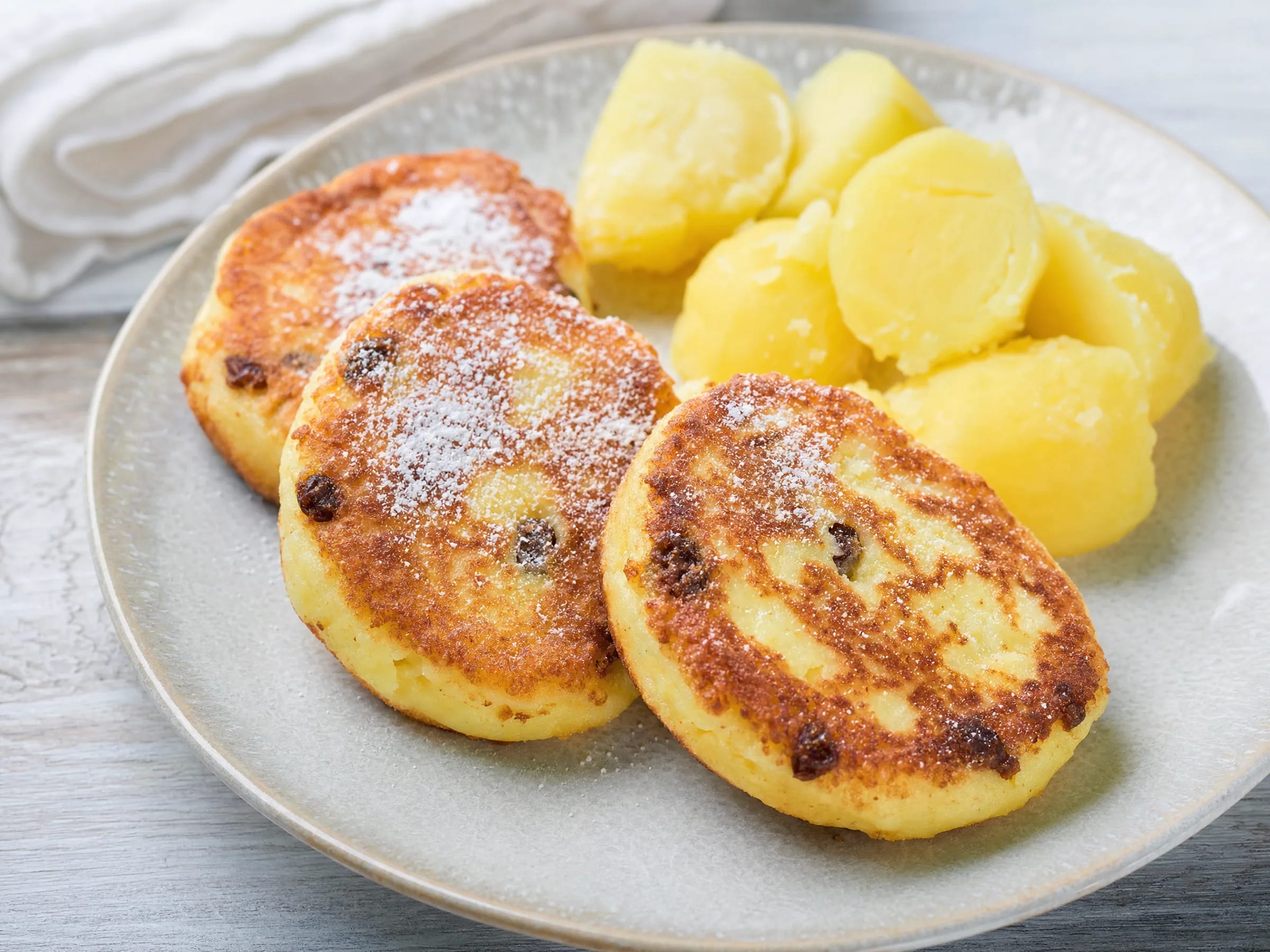 Quarkkeulchen aus der Pfanne – sächsisch, saftig mit Kartoffeln Rezeptfoto Quarkkeulchen aus der Pfanne – sächsisch, saftig mit Kartoffeln fertig angerichtet