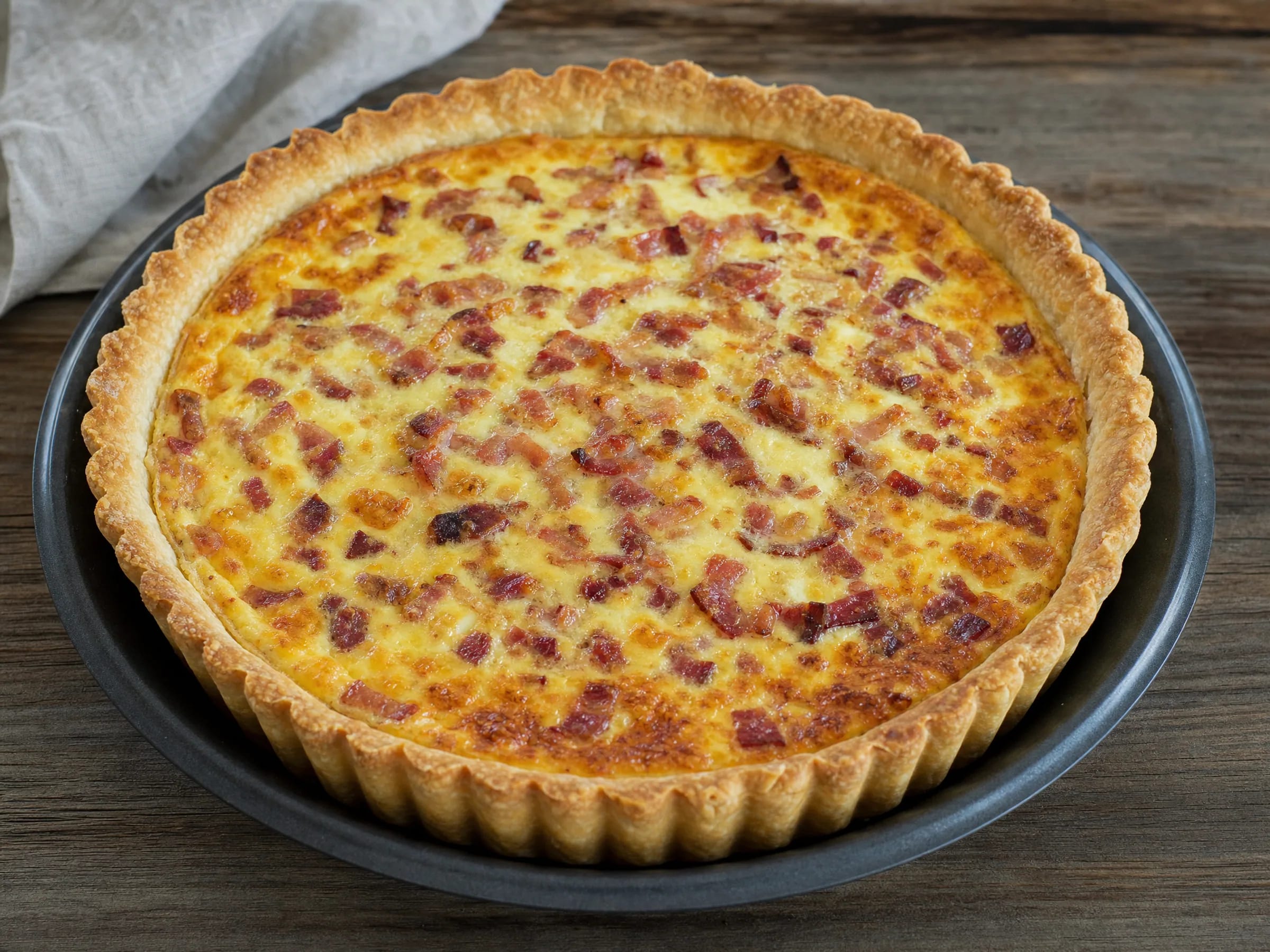 Quiche Lorraine mit Mürbeteig und Speck-Guss Rezeptfoto Quiche Lorraine mit Mürbeteig und Speck-Guss fertig angerichtet