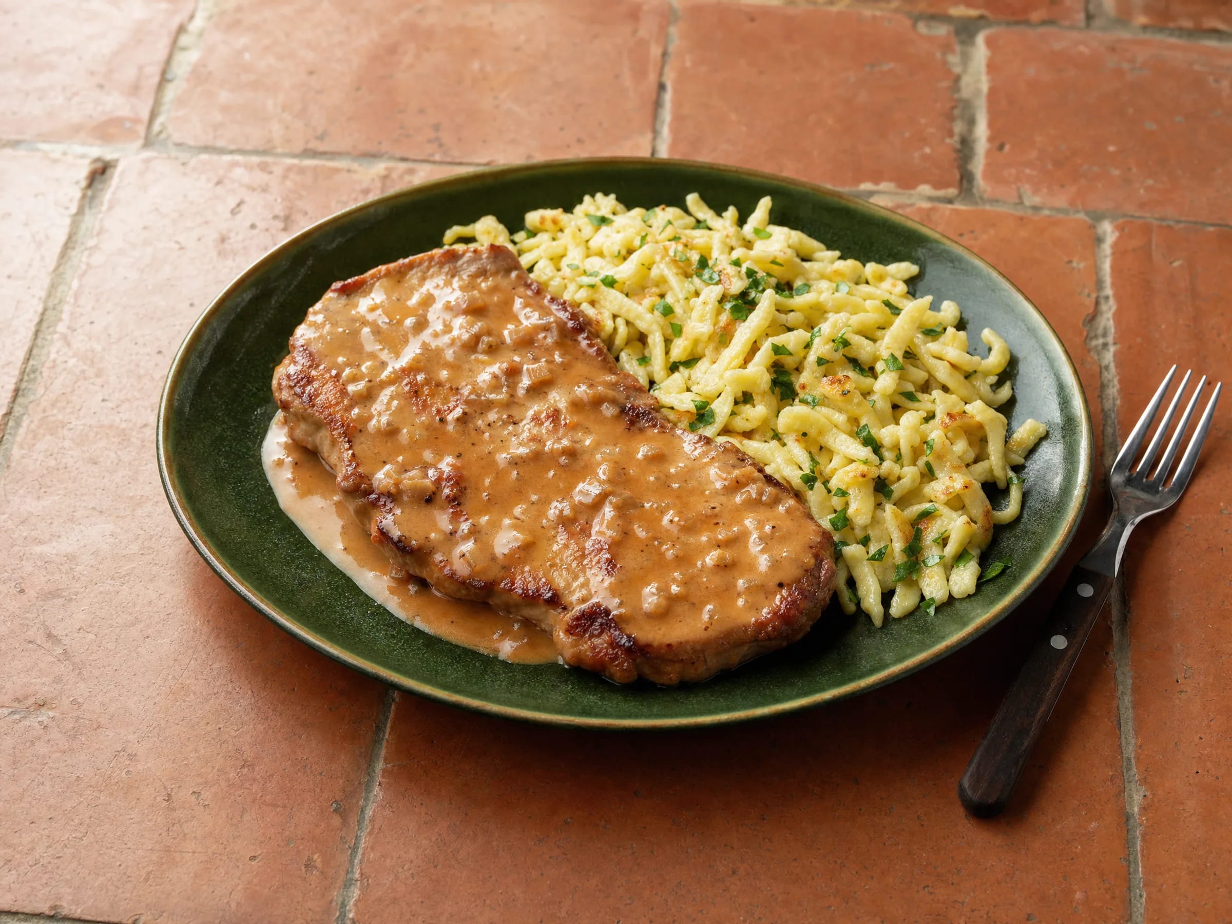 Rahmschnitzel vom Schwein mit Pfannen-Rahmsauce und Spätzle Rezeptfoto Rahmschnitzel vom Schwein mit Pfannen-Rahmsauce und Spätzle fertig angerichtet