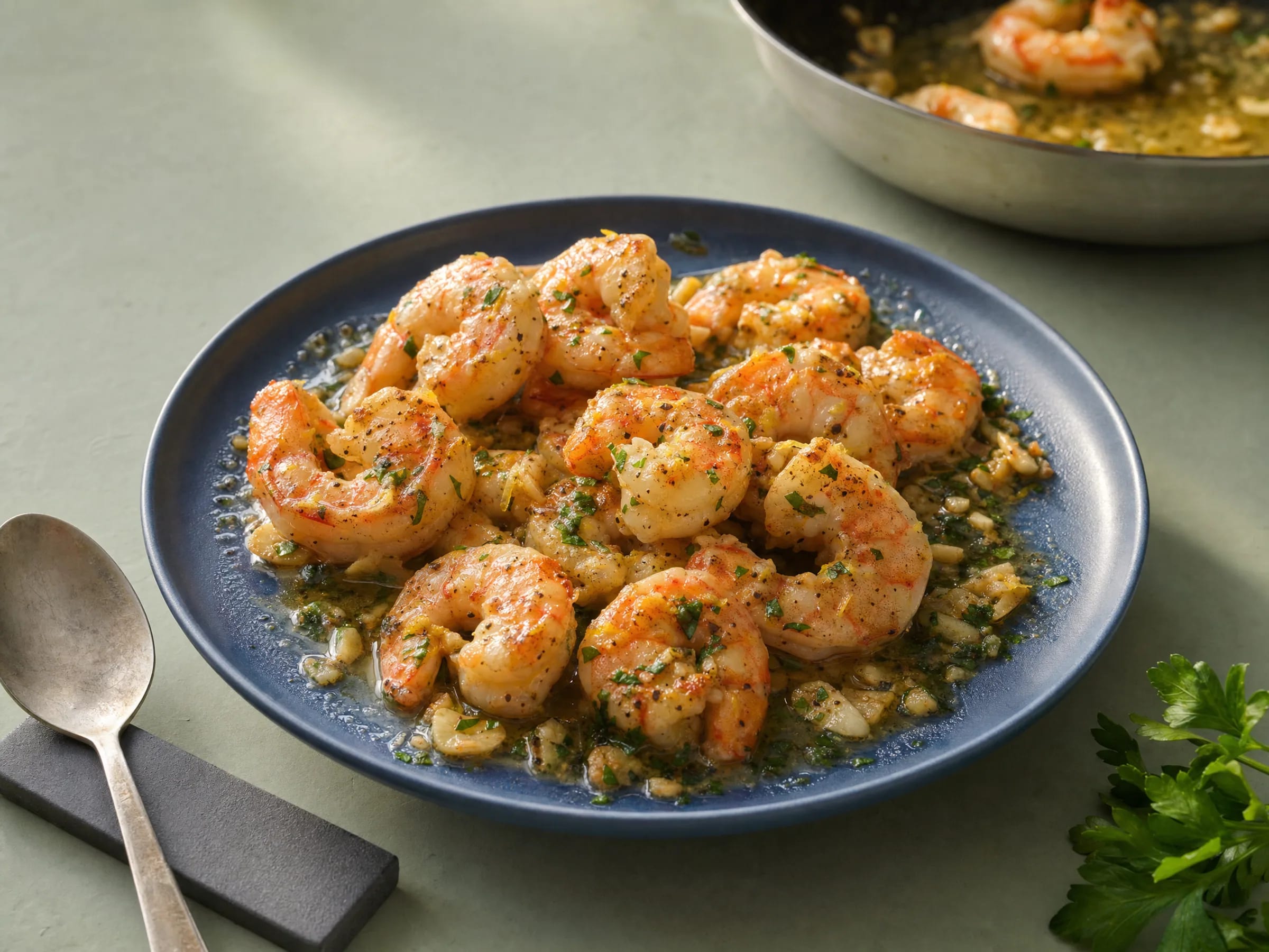 Riesengarnelen aus der Pfanne mit Knoblauch-Zitronen-Butter Rezeptfoto Riesengarnelen aus der Pfanne mit Knoblauch-Zitronen-Butter fertig angerichtet
