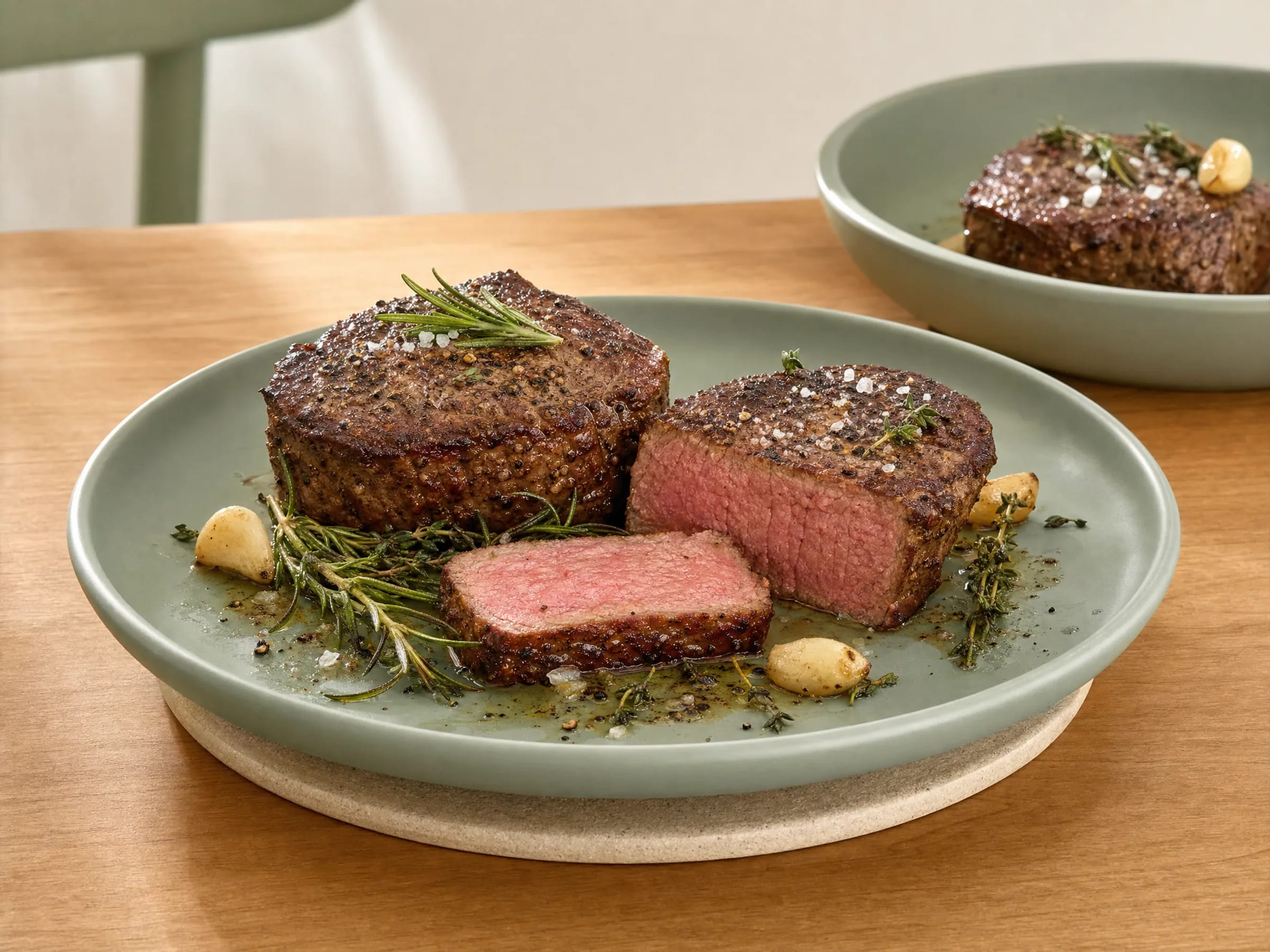 Rinderfiletsteak rosa in der Pfanne braten Rezeptfoto Rinderfiletsteak rosa in der Pfanne braten fertig angerichtet