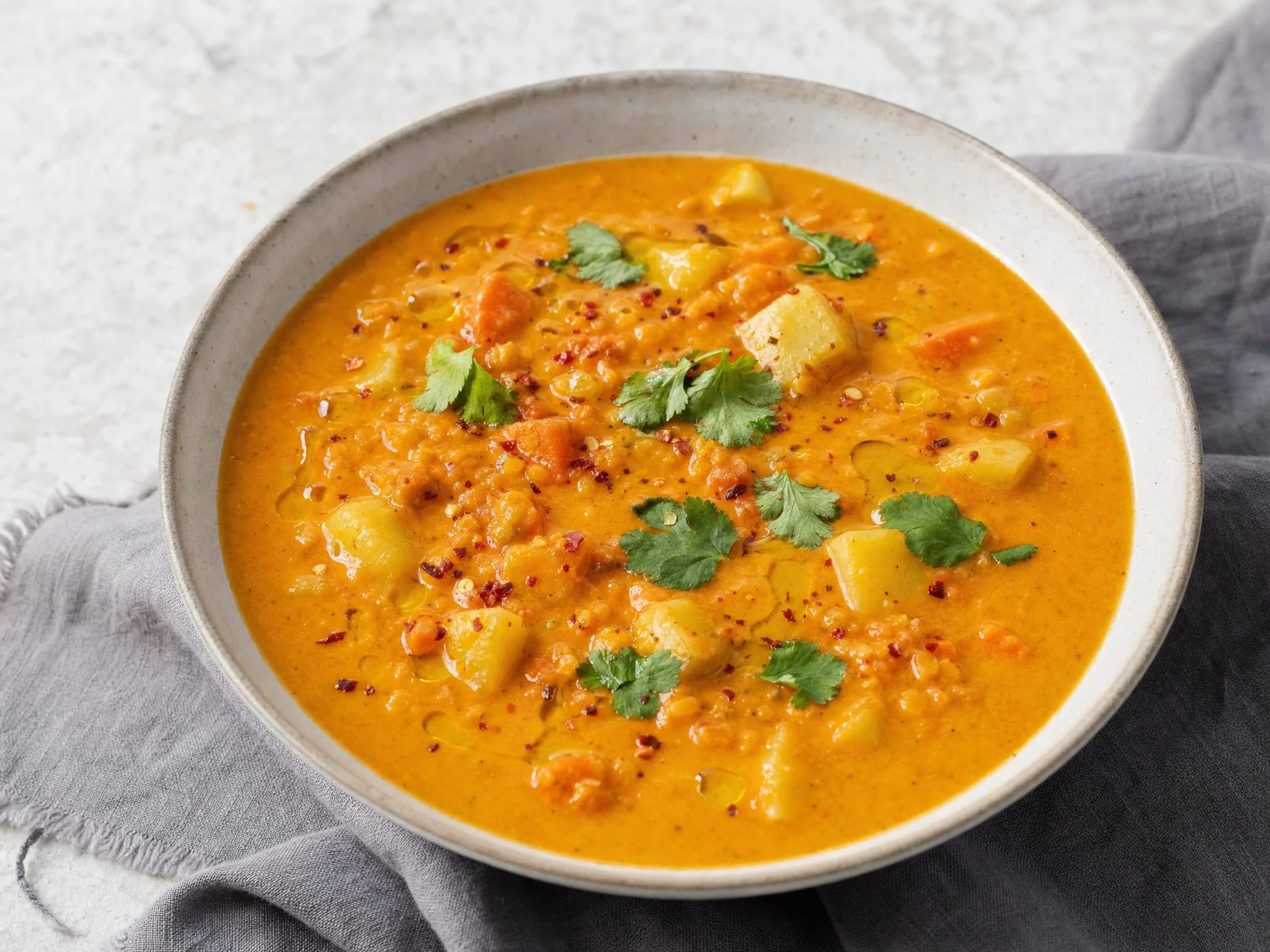 Cremige Rote-Linsen-Suppe mit Kokosmilch und Kartoffeln Rezeptfoto Cremige Rote-Linsen-Suppe mit Kokosmilch und Kartoffeln fertig angerichtet
