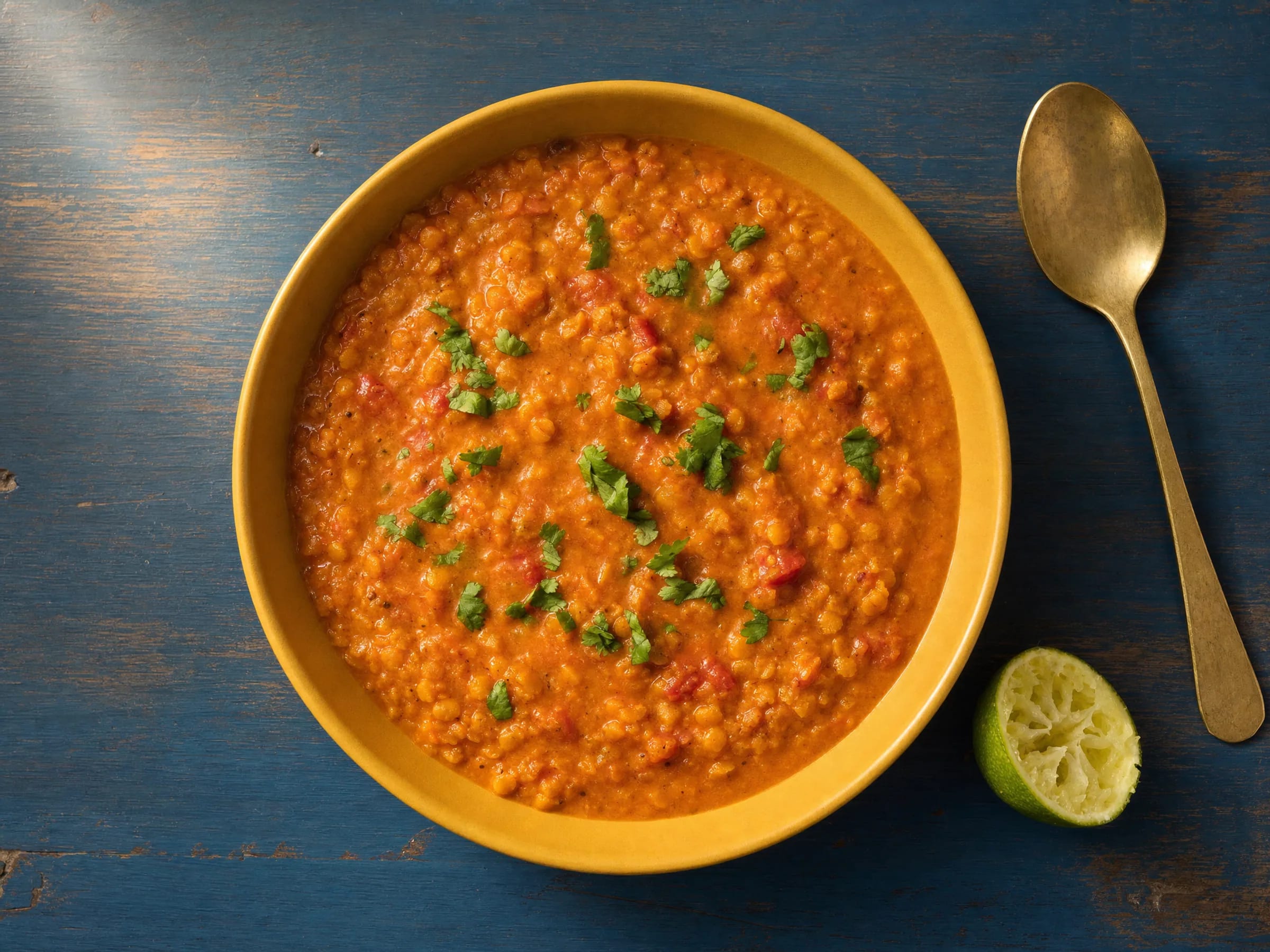 Rotes Linsen-Dal mit Kokosmilch und Tomaten Rezeptfoto Rotes Linsen-Dal mit Kokosmilch und Tomaten fertig angerichtet