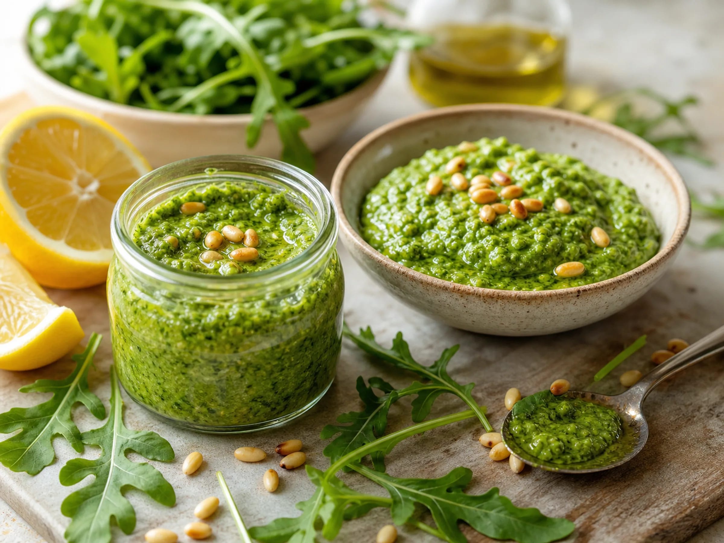 Veganes Rucola-Pesto mit Pinienkernen Cremiges grünes Rucola-Pesto mit Pinienkernen und Olivenöl im Glas