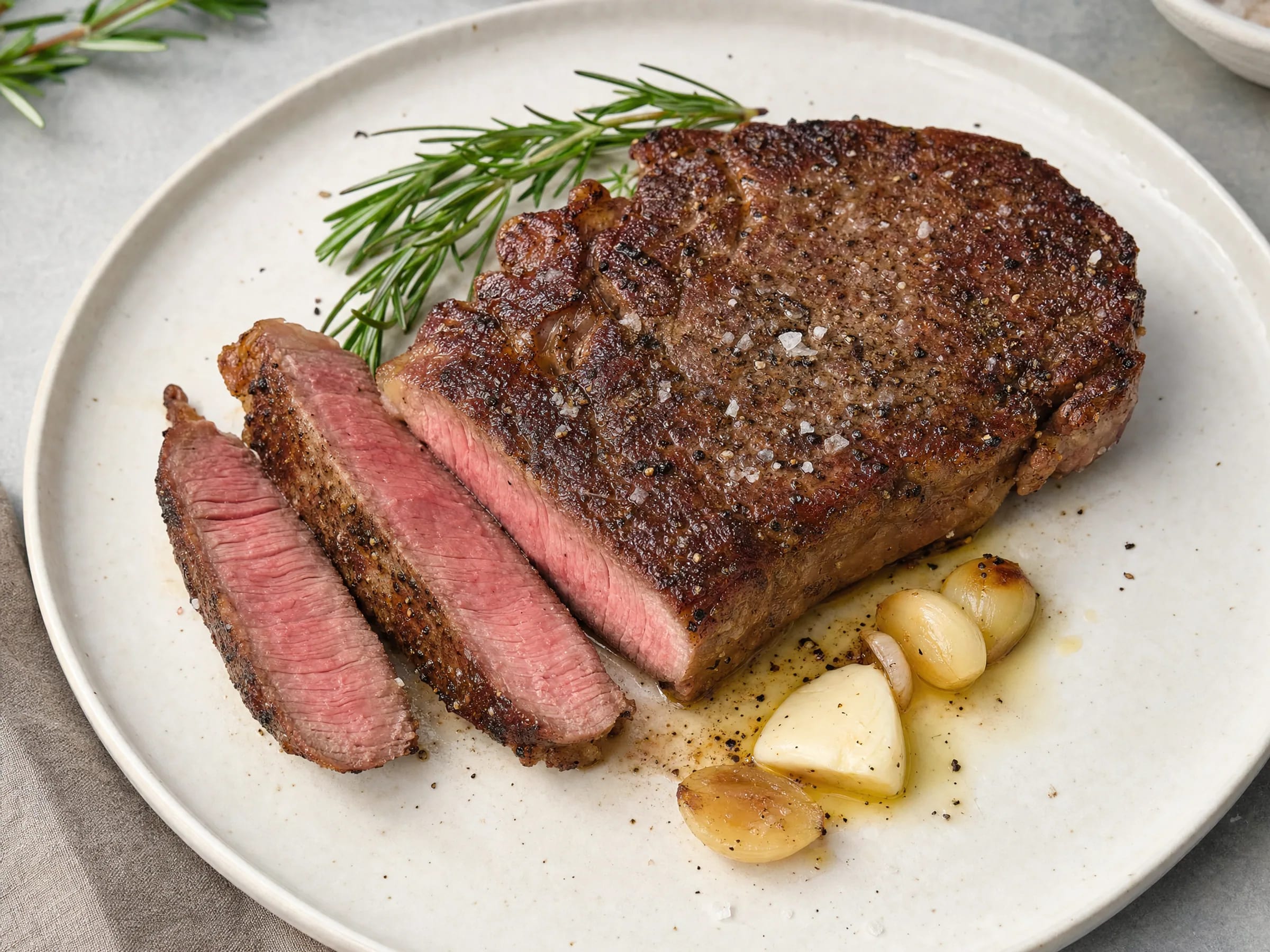 Rumpsteak braten – saftig mit Kruste und Kerntemperatur Rezeptfoto Rumpsteak braten – saftig mit Kruste und Kerntemperatur fertig angerichtet