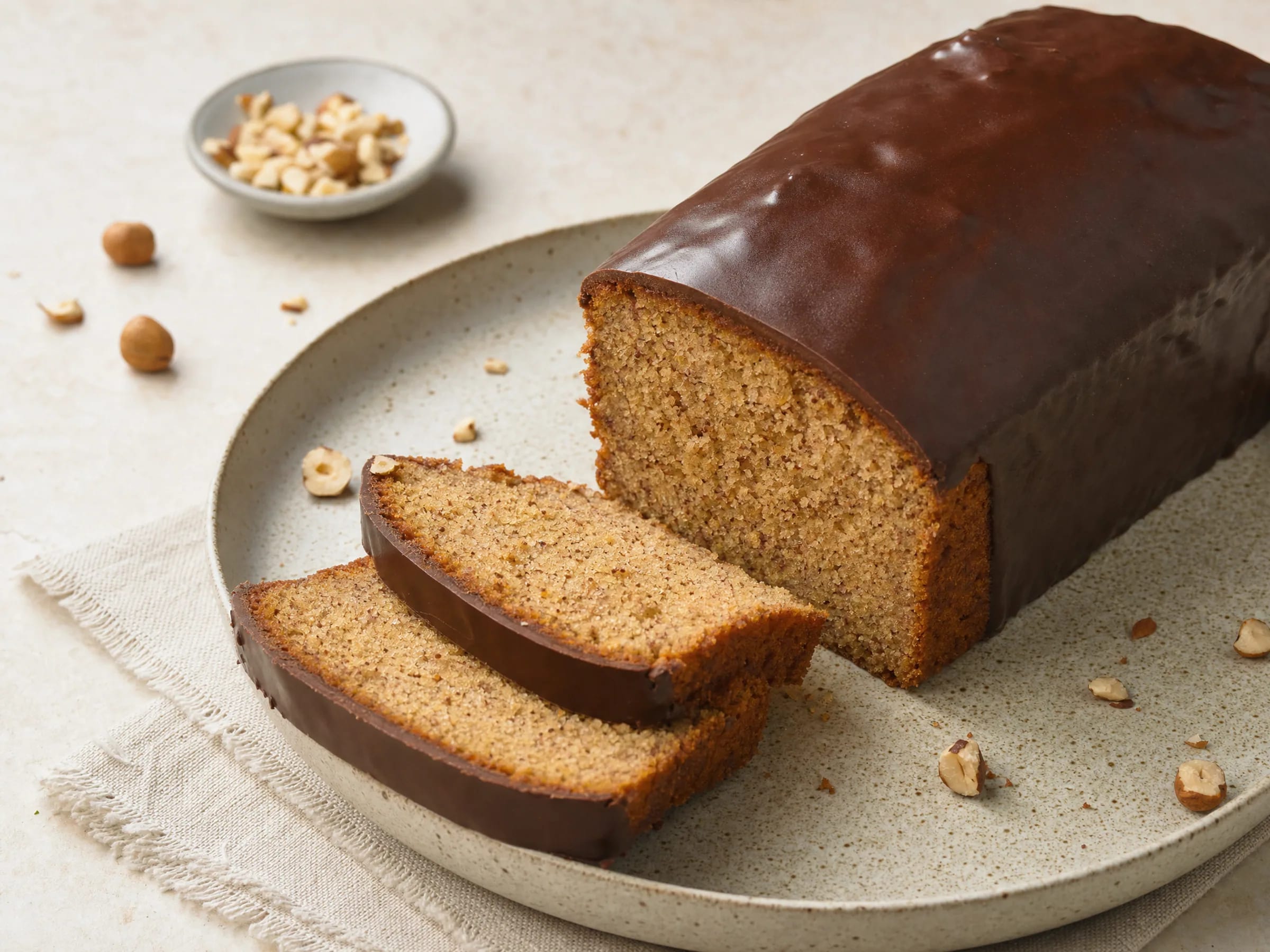 Nusskuchen aus der Kastenform – saftig mit Schokoladenguss Rezeptfoto Nusskuchen aus der Kastenform – saftig mit Schokoladenguss fertig angerichtet
