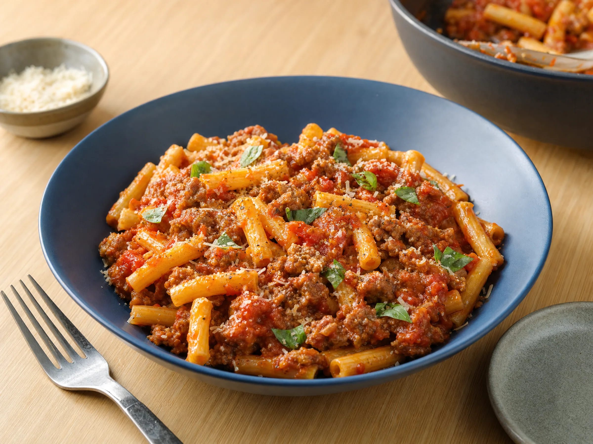 Salsiccia-Pasta mit Tomatensauce und gebräuntem Brät Rezeptfoto Salsiccia-Pasta mit Tomatensauce und gebräuntem Brät fertig angerichtet