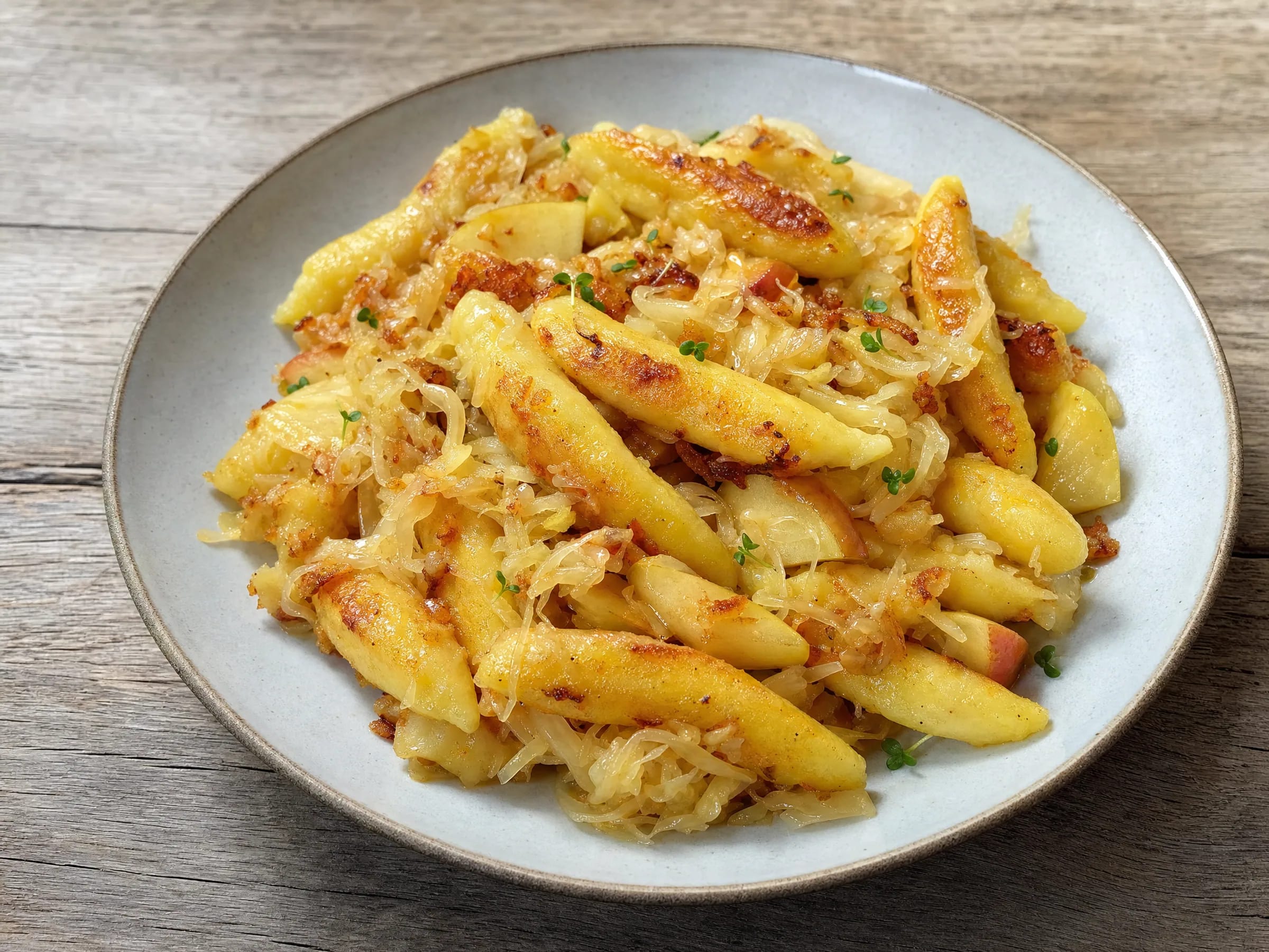 Schupfnudeln mit Sauerkraut und Butterkruste Rezeptfoto Schupfnudeln mit Sauerkraut und Butterkruste fertig angerichtet