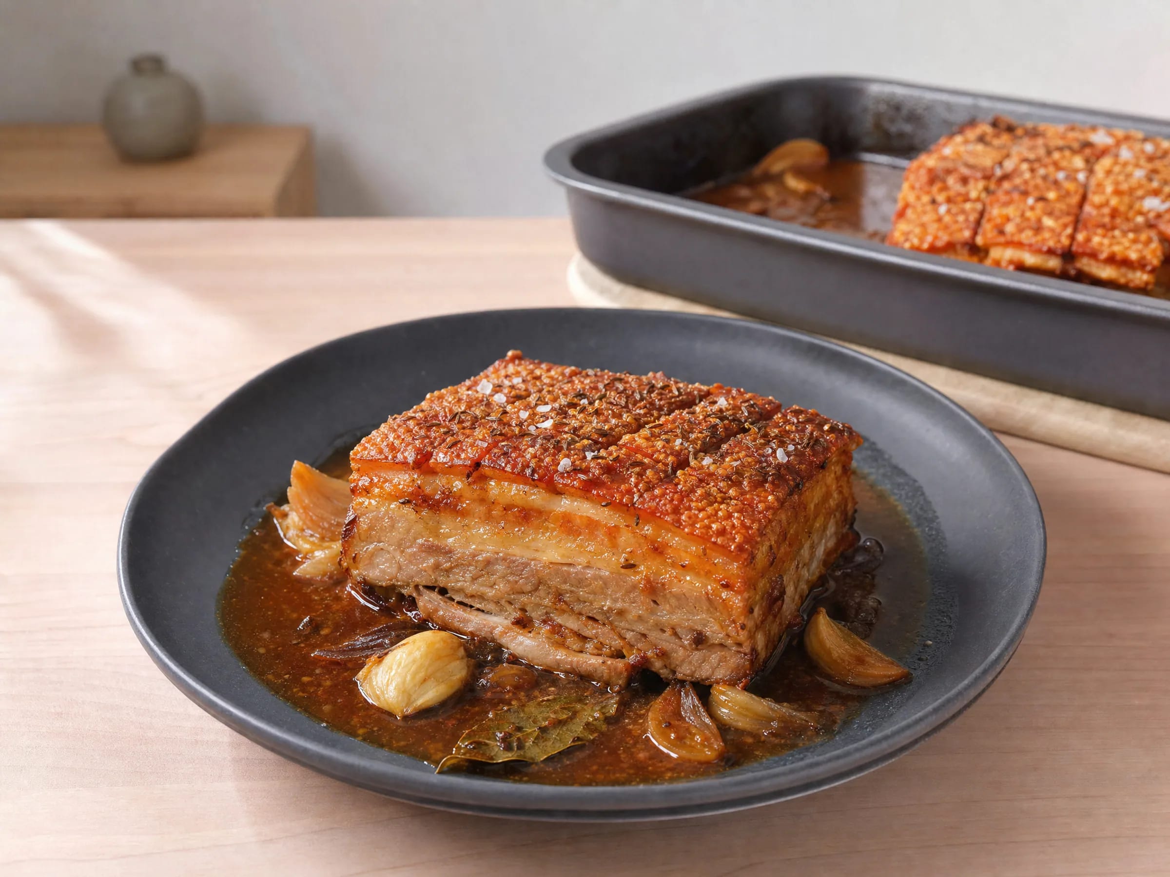 Schweinebauch aus dem Backofen mit Schwarte Rezeptfoto Schweinebauch aus dem Backofen mit Schwarte fertig angerichtet